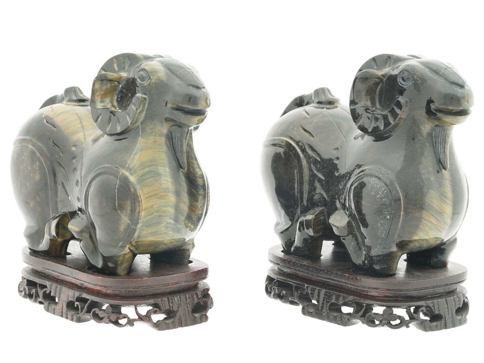 ANTIQUE CHINESE TIGERS EYE STONE CARVED RAMS (1 of 5)