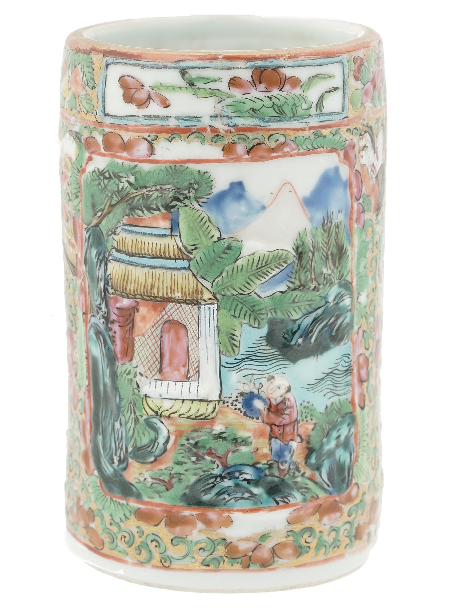 ANTIQUE CHINESE FAMILLE ROSE PORCELAIN ALTAR VASE: An antique Chinese Famille Rose hand painted porcelain altar shrine vase. The exterior of the vase is adorned with hand painted medallion with rural scenes in mountain landscapes surrounded by floral,