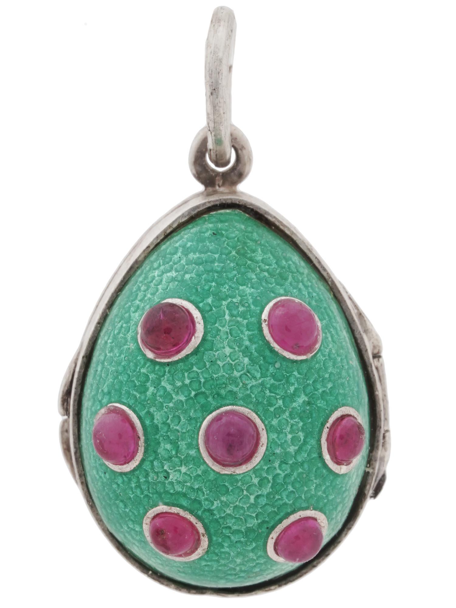 RUSSIAN SILVER ENAMEL AND RUBY EGG LOCKET PENDANT (1 of 7)