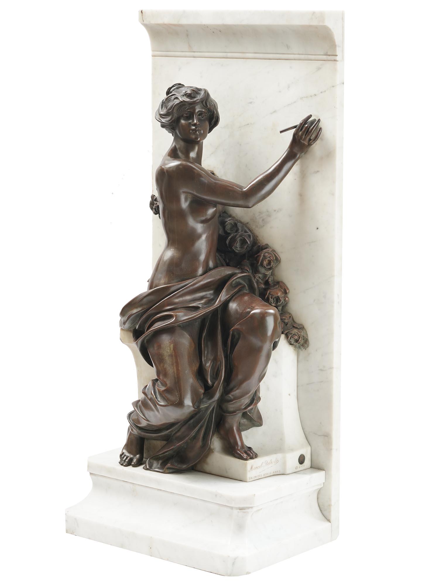 MARCEL DEBUT ANTIQUE FRENCH BRONZE STATUE 19TH C: A finely cast antique French sculpture made of bronze and white marble. The sculpture depicts a seated semi-nude young woman with drapery wrapped around her hips and writing or drawing with her right 