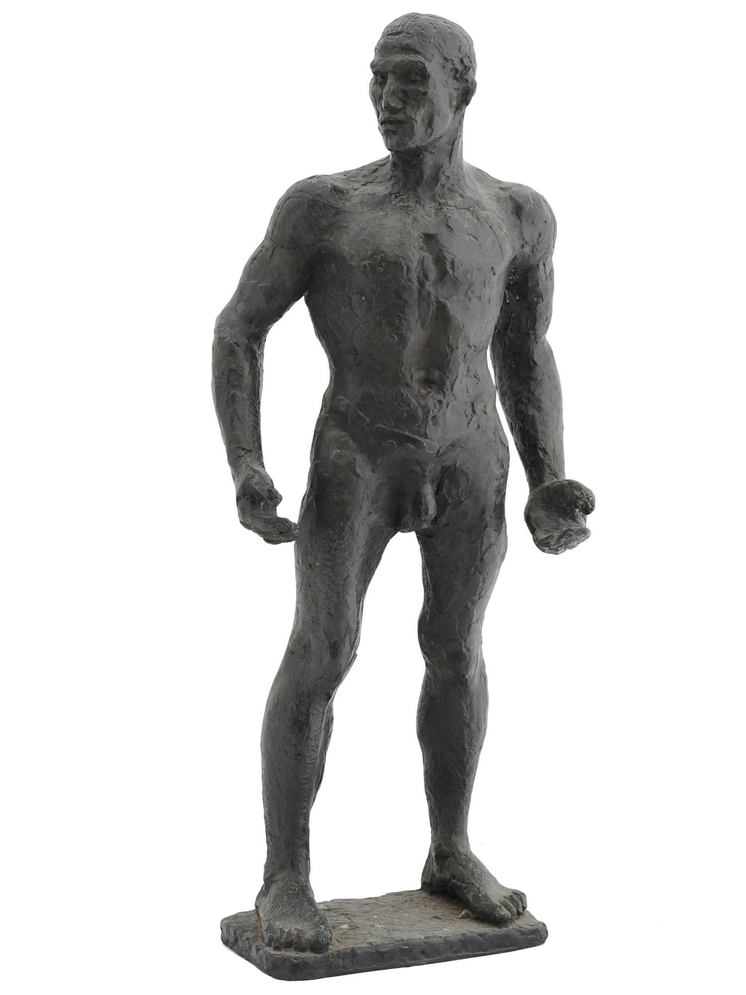 BRONZE BRUTALIST MALE SCULPTURE BY IRA MATTESON: Ira Matteson, American, 1917 to 2017, bronze brutalist nude male sculpture, signed to the base and dated 1954. Ira Matteson won the Rome Prize fellowship in sculpture to American Academy in Rome, wher