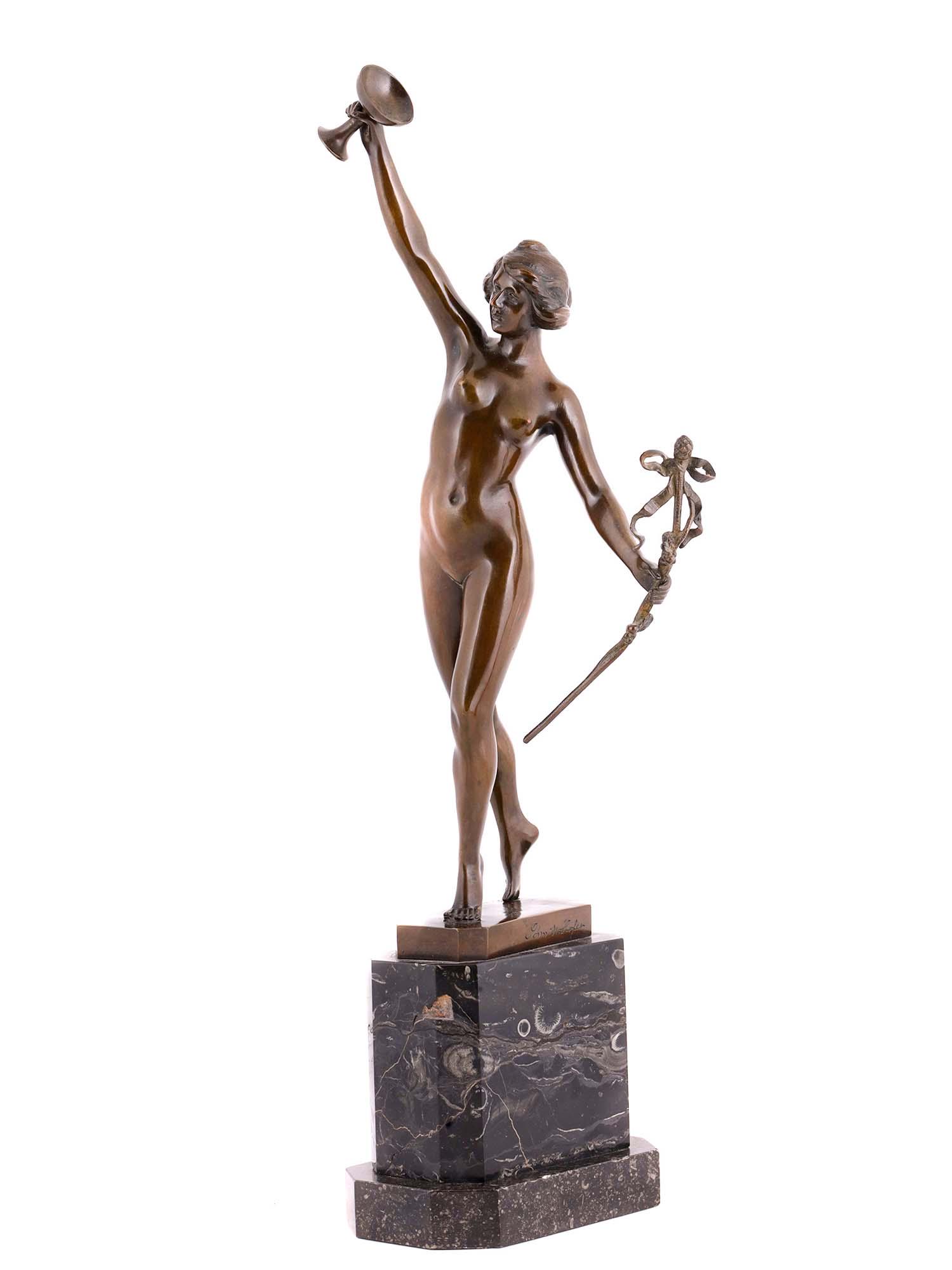 ART DECO BRONZE SCULPTURE BY OTTO SCHMIDT HOFER: A cast bronze figure by Otto Schmidt-Hofer, 1873 to 1925, a German sculptor of the Art Nouveau and Art Deco eras. The artwork represents a nude goddess Diana holding a goblet in her raised right hand