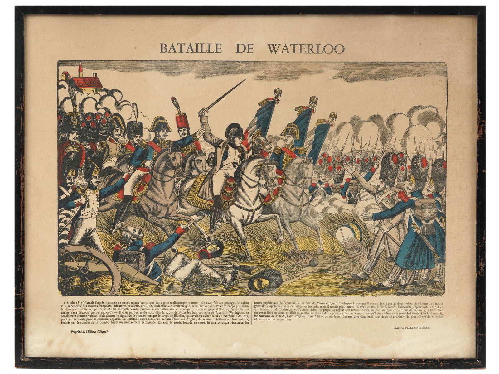 ANTIQUE FRENCH COLOR WOODCUT BATAILLE DE WATERLOO (1 of 5)