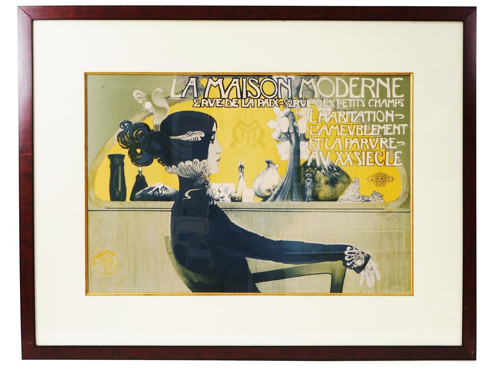 FRENCH AFFICHE LA MAISON MODERNE BY MANUEL ORAZI: An Art Nouveau affiche by Manuel Orazi, 1860 to 1934, an Italian artist. The poster is an advertisement for Julius Meier-Graefes gallery La Maison Moderne. Dated 1900. The artwork depicts a profile po