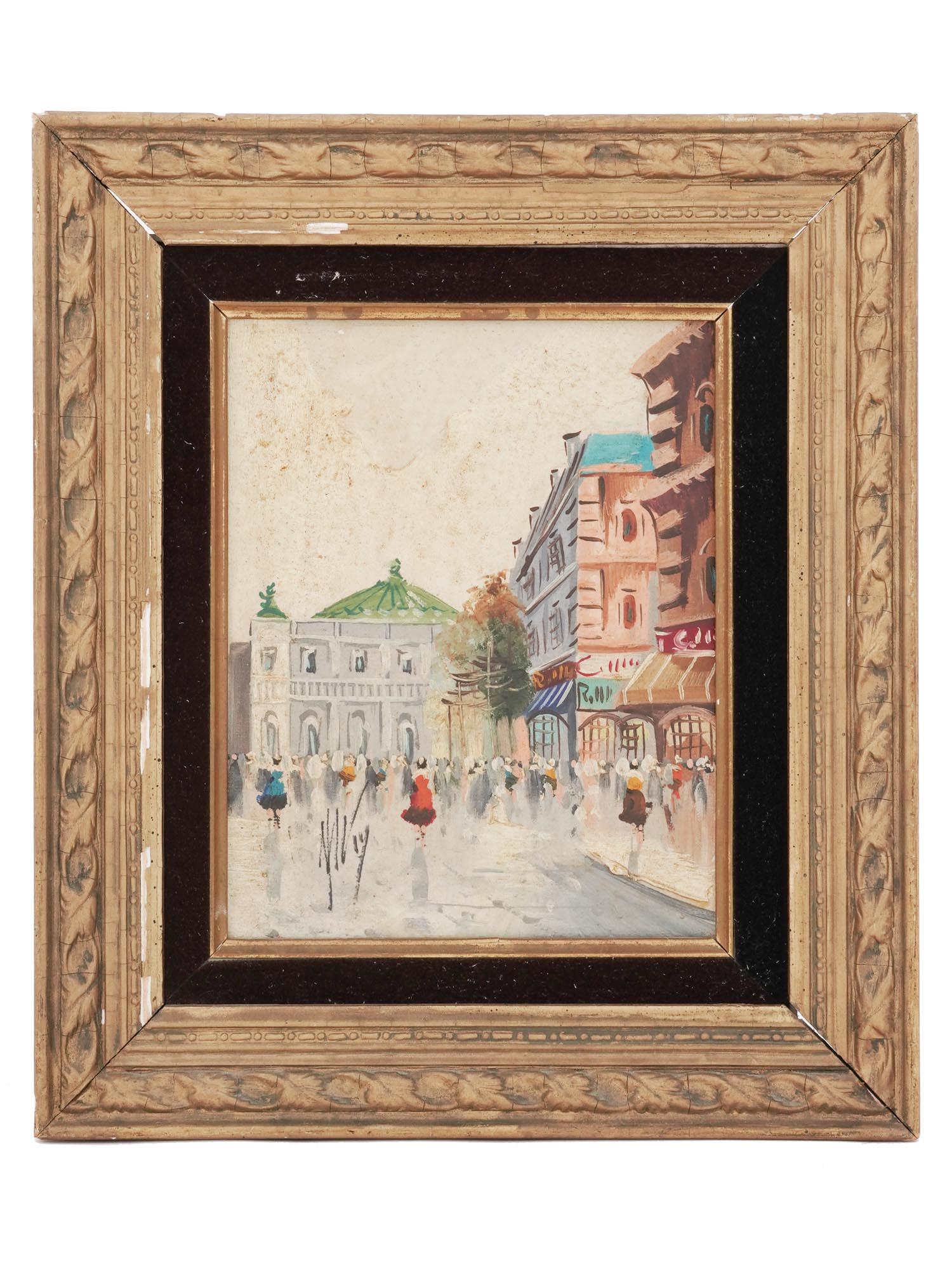 IMPRESSIONIST OIL PAINTING VIEW OF PARIS SIGNED: Oil on canvas painting. Mid-20th century. The artwork depicts a view of the Place de l Opera in Paris, France. Illegibly signed by the artist in the lower left. Carved wooden frame. Collectible Mid Ce