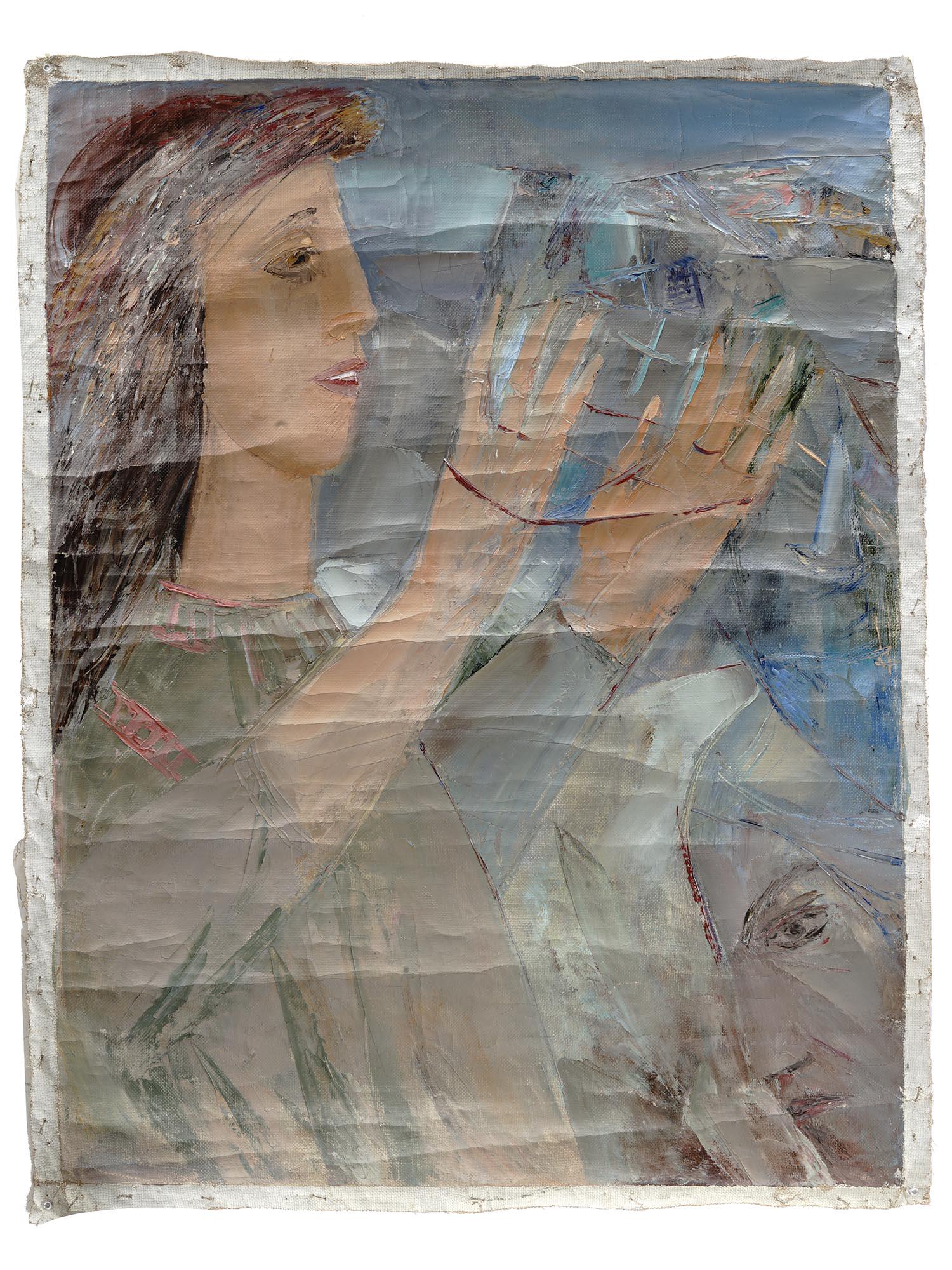 1988 UKRANIAN OIL PAINTING BY TATYANA LYSENKO: Oil on canvas painting by Tatyana Lysenko, born 1953, a Soviet and Ukranian artist. The artwork depicts a woman playing cats cradle. Signed by the artist, titled Game, dated 1988 on the backside of th