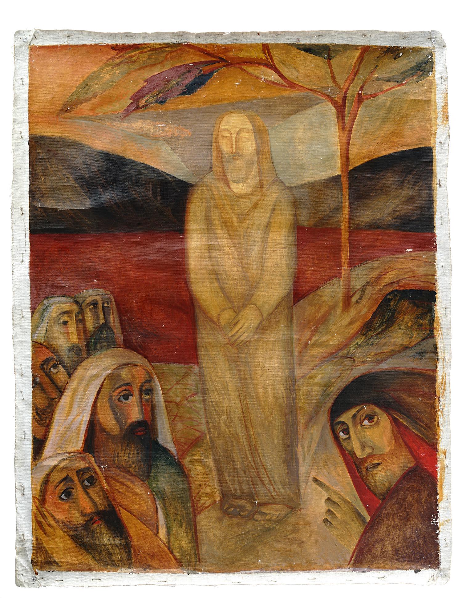 1984 UKRANIAN OIL PAINTING BY TATYANA LYSENKO: Oil on canvas painting by Tatyana Lysenko, born 1953, a Soviet and Ukranian artist. The artwork depicts the appearance of Christ to the people. Signed by the artist, titled About Him, dated 1984 on th