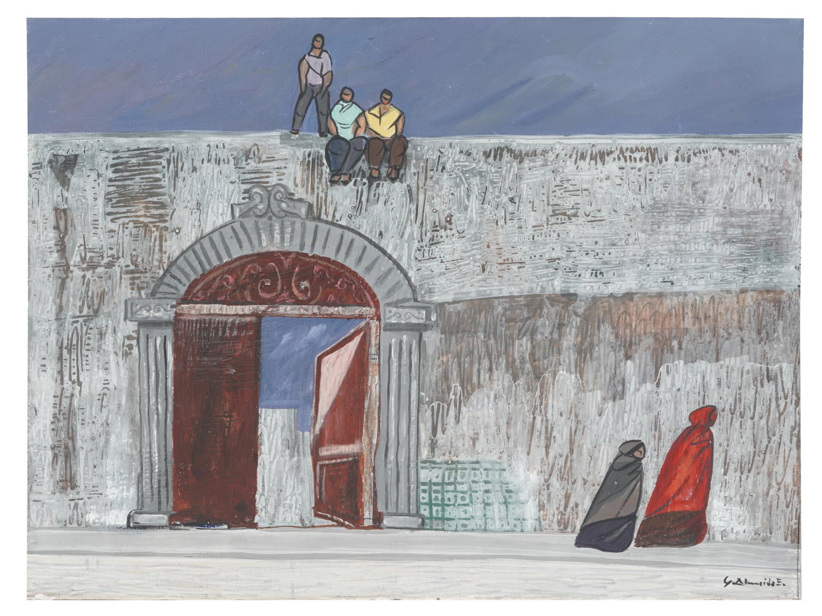 GILBERTO EGAS ALMEIDA OIL PAINTING AL-BAHR MOSQUE: Gilberto Almeida Egas, 1928 to 2015, a contemporary oil on board painting of Al-Bahr mosque in Jaffa old city. Signed by the artist on the lower right. Unframed. Note: Gilberto Almeida Egas was an Ecu
