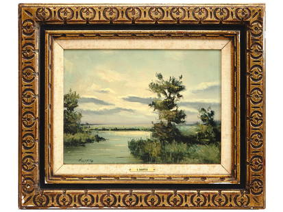 MIDCENT RIVER LANDSCAPE OIL PAINTING BY S. HARTIG: Oil on canvas painting depicting a river landscape. Mid 20th-century. Signed by the artist in the lower left, Hartig. Ornate golden frame. Mid Century Nature Landscape Art For Interior Decor. Dimensio