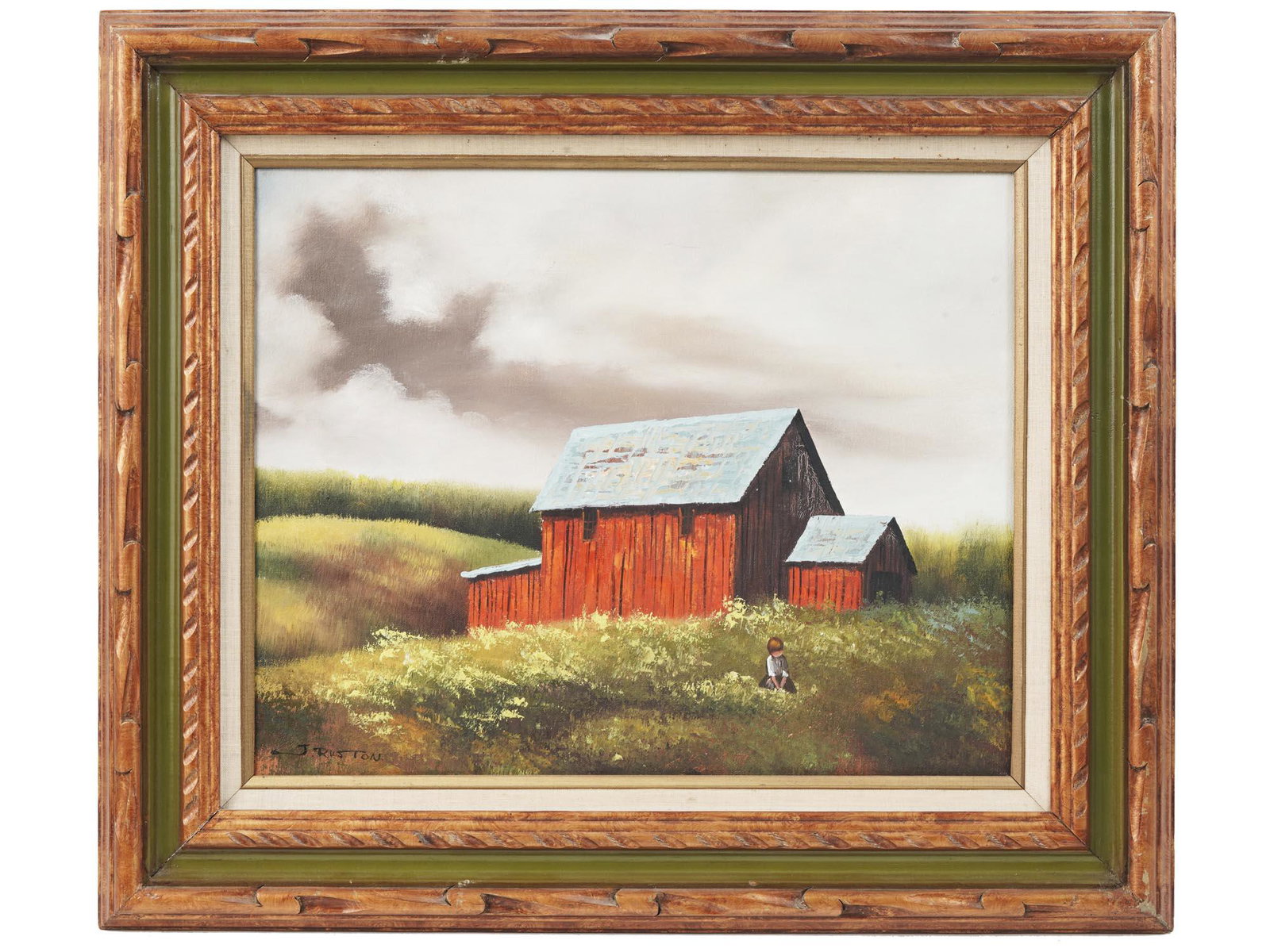 MID CENT OIL PAINTING OF RED BARN BY J. RUXTON: Oil on canvas painting depicting a red barn in the hay field. Signed by the artist in the lower left, J. Ruston or Ruxton. Mid-20th century. Wooden frame. Collectible Figurative Fine Art For Home Deco