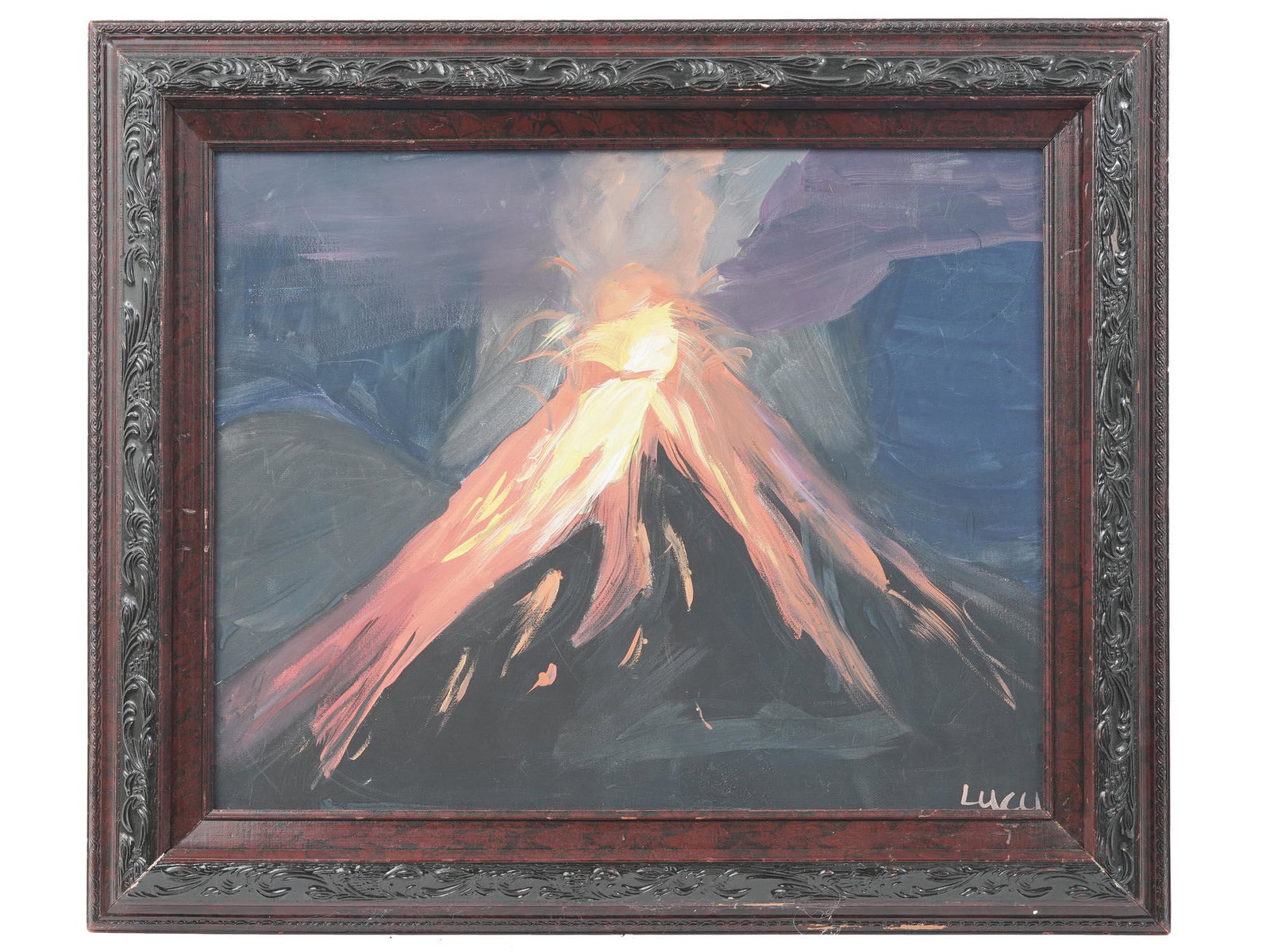 VOLCANO ERUPTION ACRYLIC PAINTING BY LUCY WOOSTER: Acrylic painting on canvas depicting a view of a volcano eruption. Titled Volcano. Signed by the artist in the lower right, Lucy Wooster. Ornate wooden frame. Collectible Contemporary Fine Art. Dimens