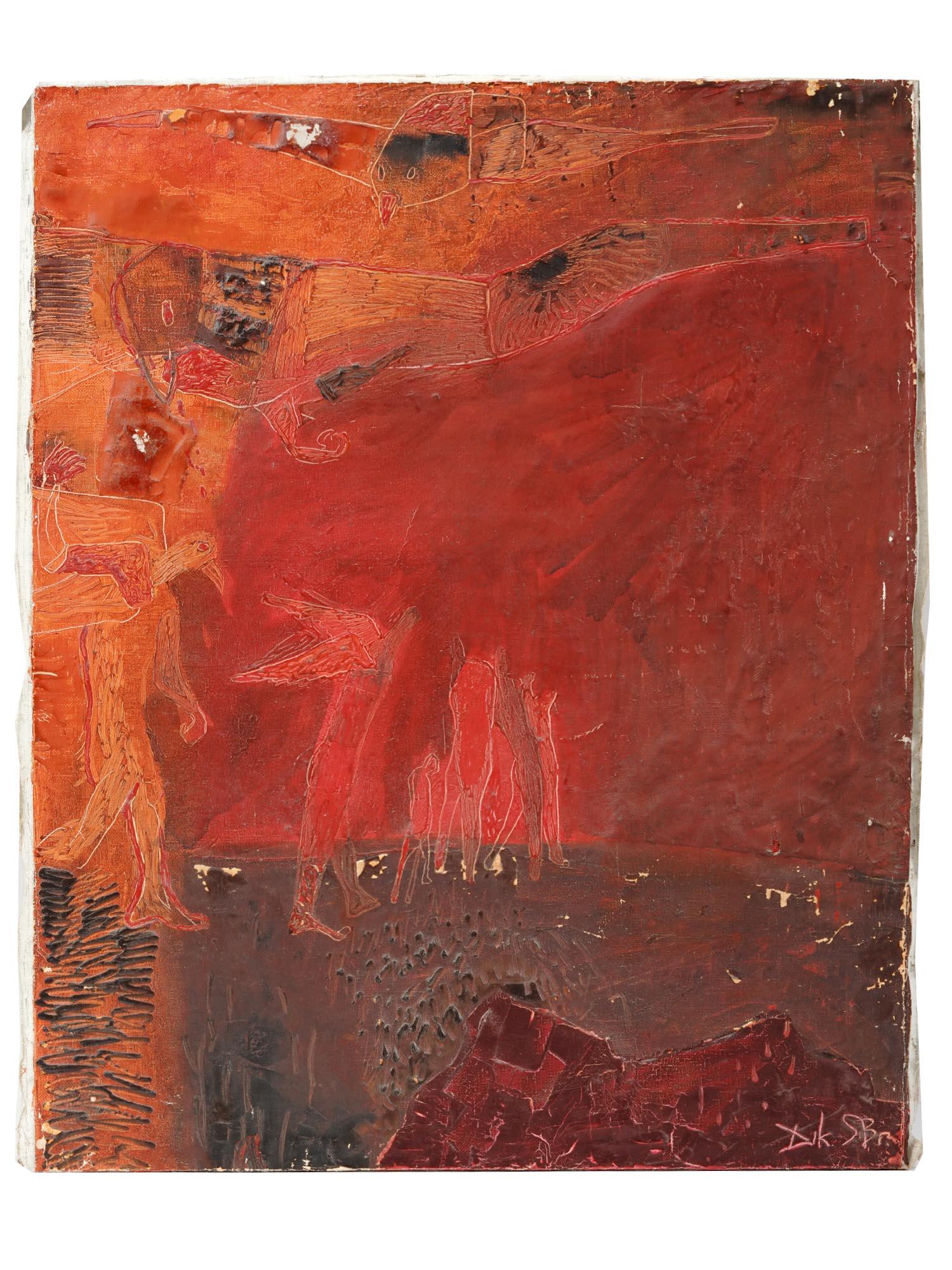 MODERN UKRAINIAN ABSTRACT PAINTING BY YURIY DIKOV: Yuriy Dikov, born 1946, oil on canvas abstract painting. Signed lower right. Additionally inscribed to the back dated 1991 and titled In an Unbroken Chain, Closely. Yuriy Dikov was born in Odessa, Ukr