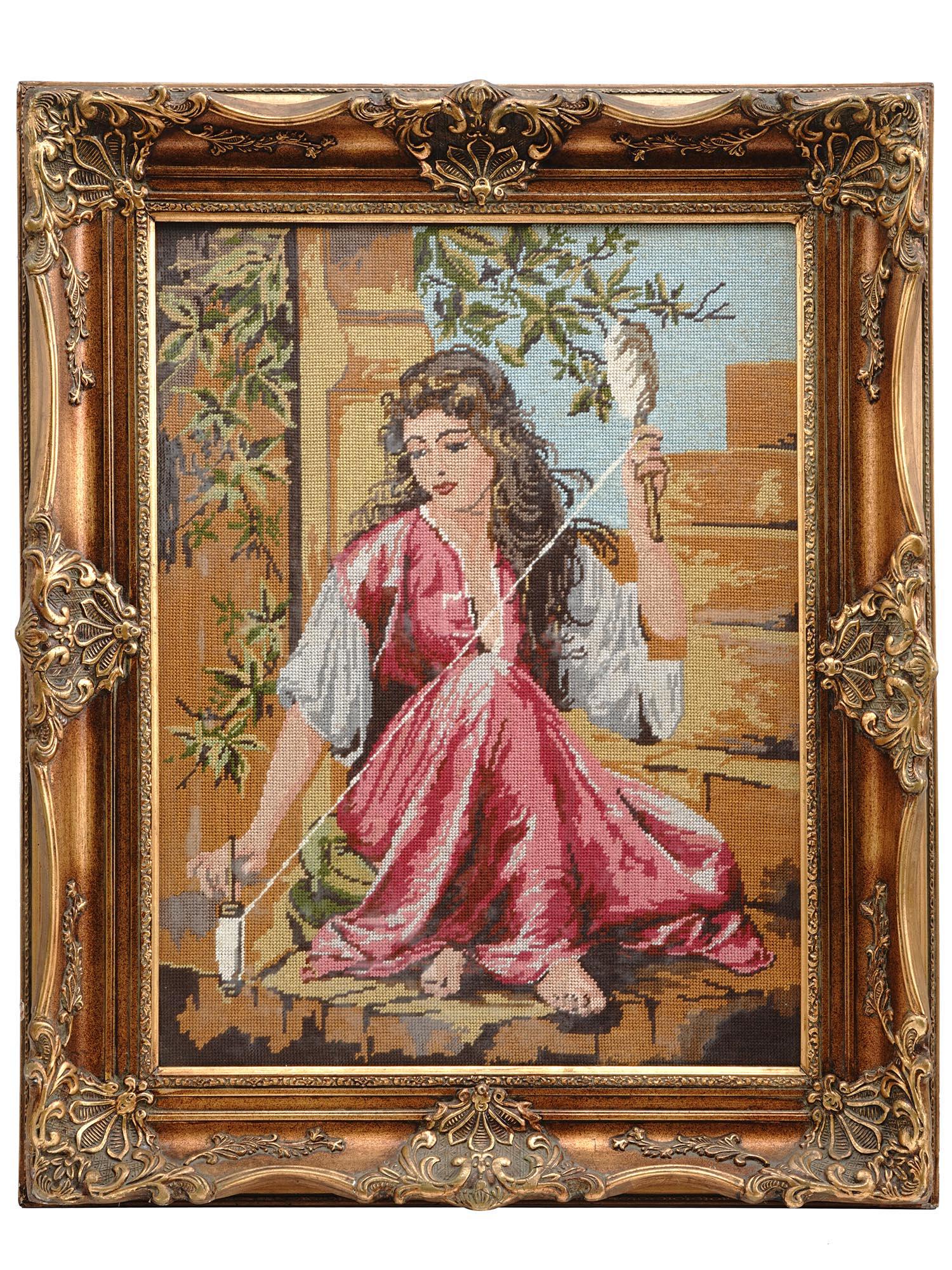 VINTAGE FRAMED NEEDLEPOINT AFTER CHARLES LANDELLE (1 of 3)