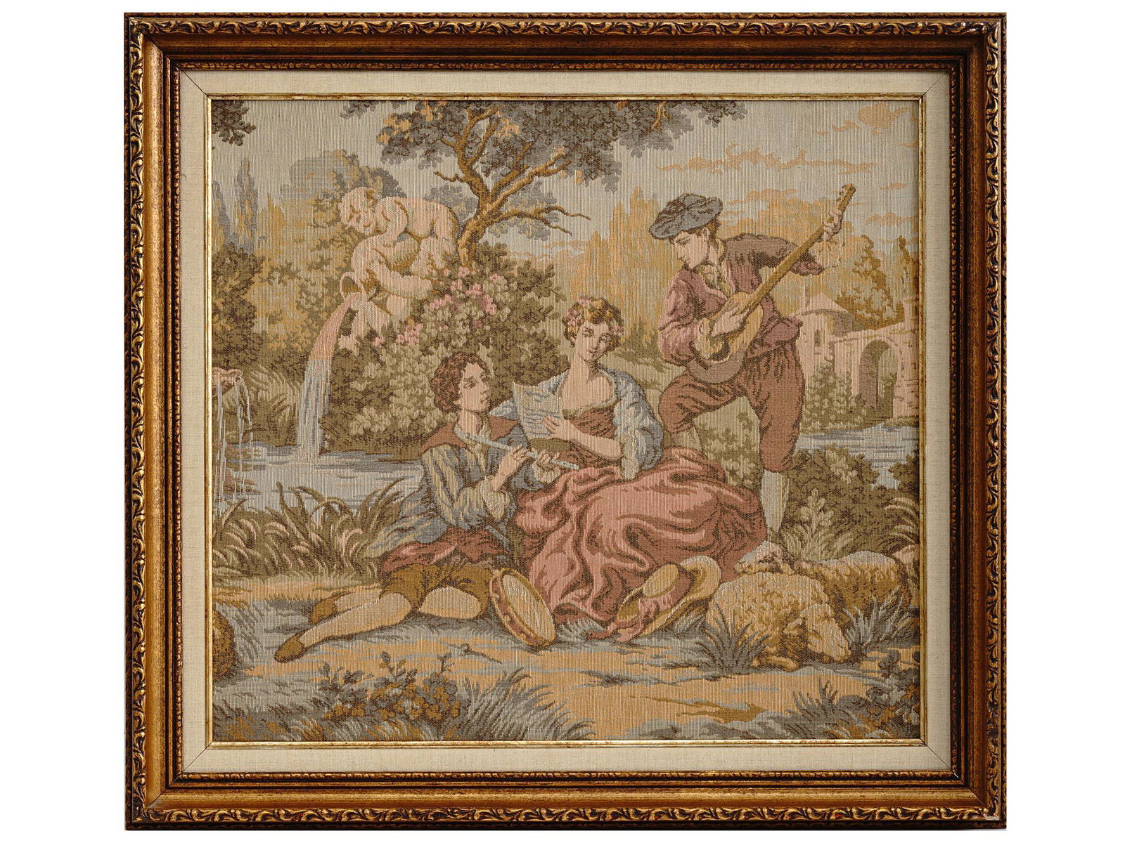 VINTAGE FRENCH MUSICAL SCENE TAPESTRY FRAMED (1 of 5)