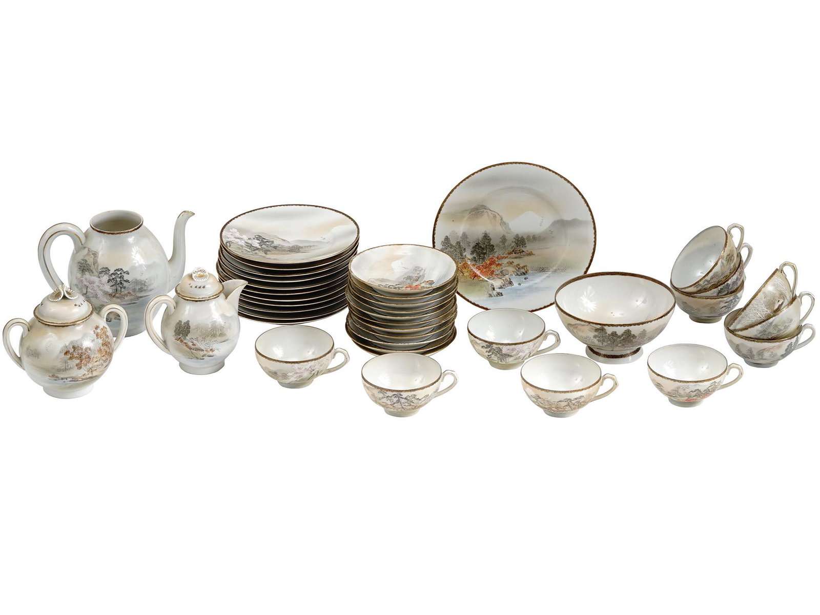 LARGE MID CENTURY JAPANESE BONE PORCELAIN TEA SET: A large fine quality Japanese bone porcelain tea set comprising 38 pieces, each decorated with various hand painted landscape scenes and accented with gilding. Includes a teapot, a sugar bowl, a cream