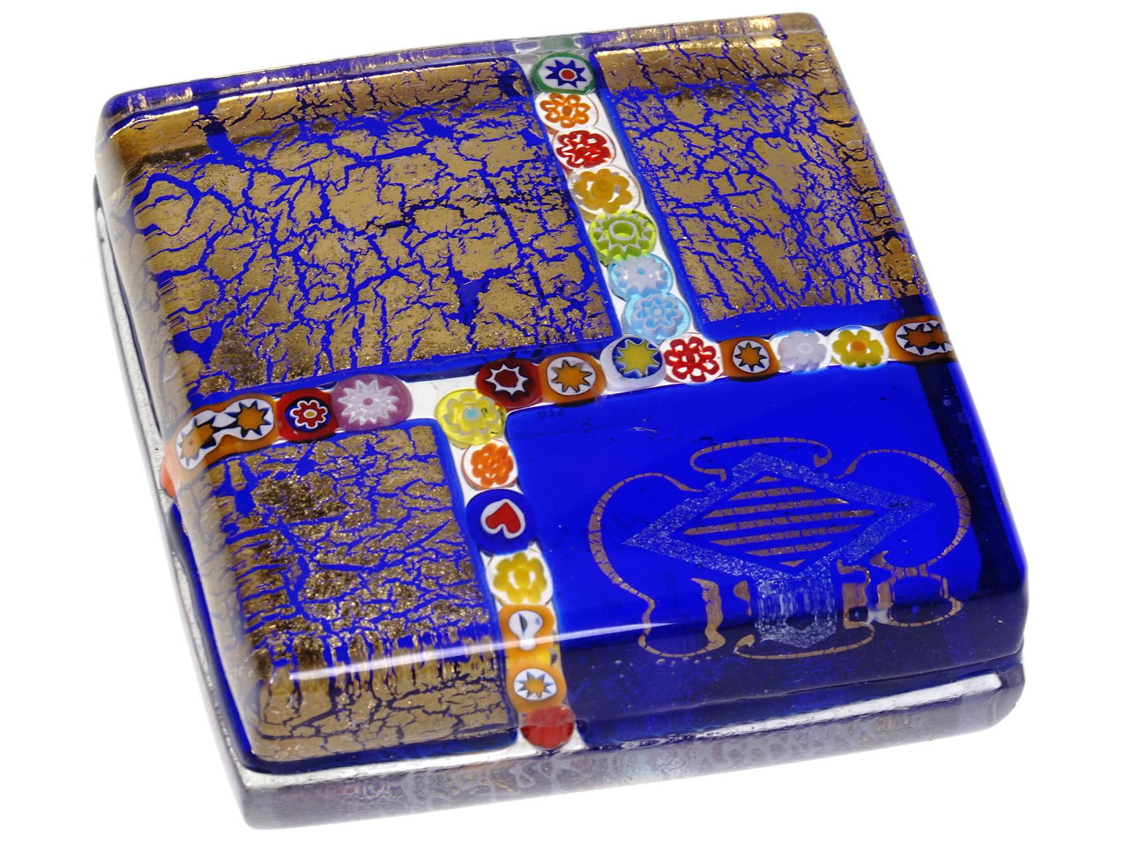 VINTAGE ITALIAN VENETIAN MURANO GLASS TILE: A vintage Italian multicolor Murano glass tile. Etched Hotel Capriani Venezia underneath. Manufactured by Ragazzi And Co., circa the late 20th century. Murano is known for its art glass, but it has a 