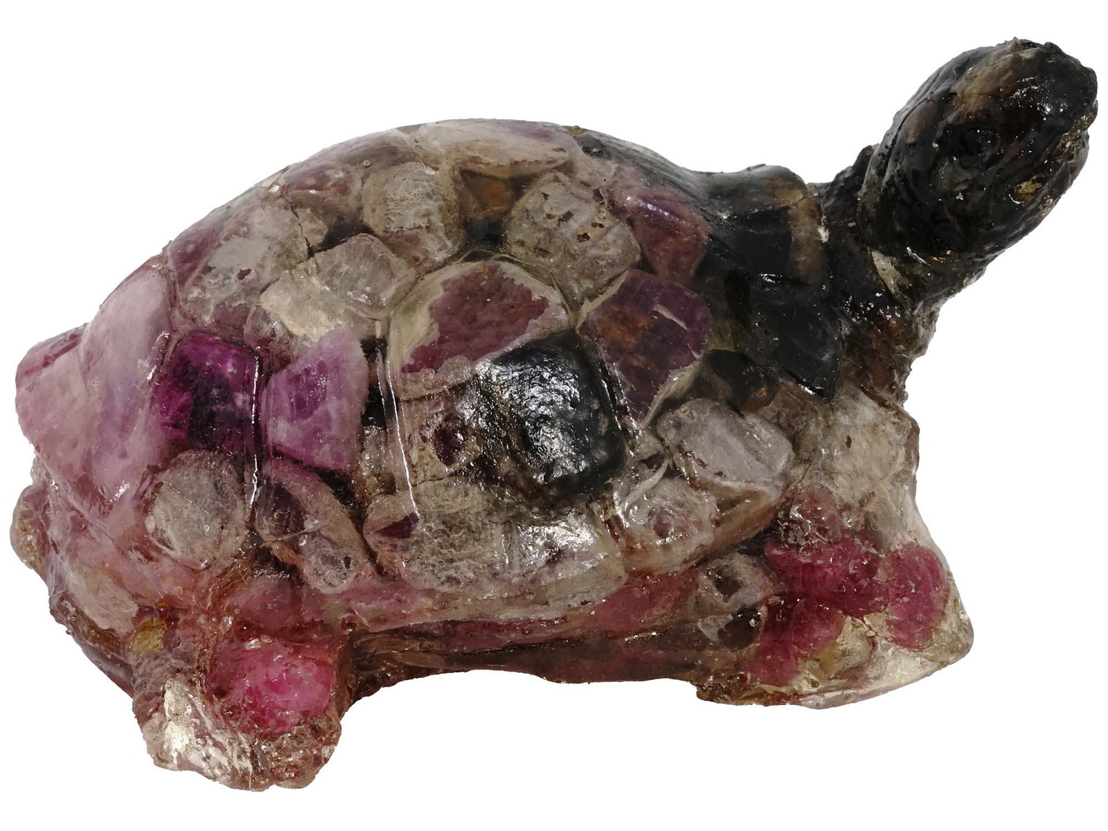 HAND CARVED SATURATED SAPPHIRE FIGURINE OF TURTLE: A vintage hand carved saturated Sapphire stones figurine. The figurine id made in a shape of a turtle, engraved with detailed patterns. Unmarked. Circa: the second half of the 20th century. Vintage an
