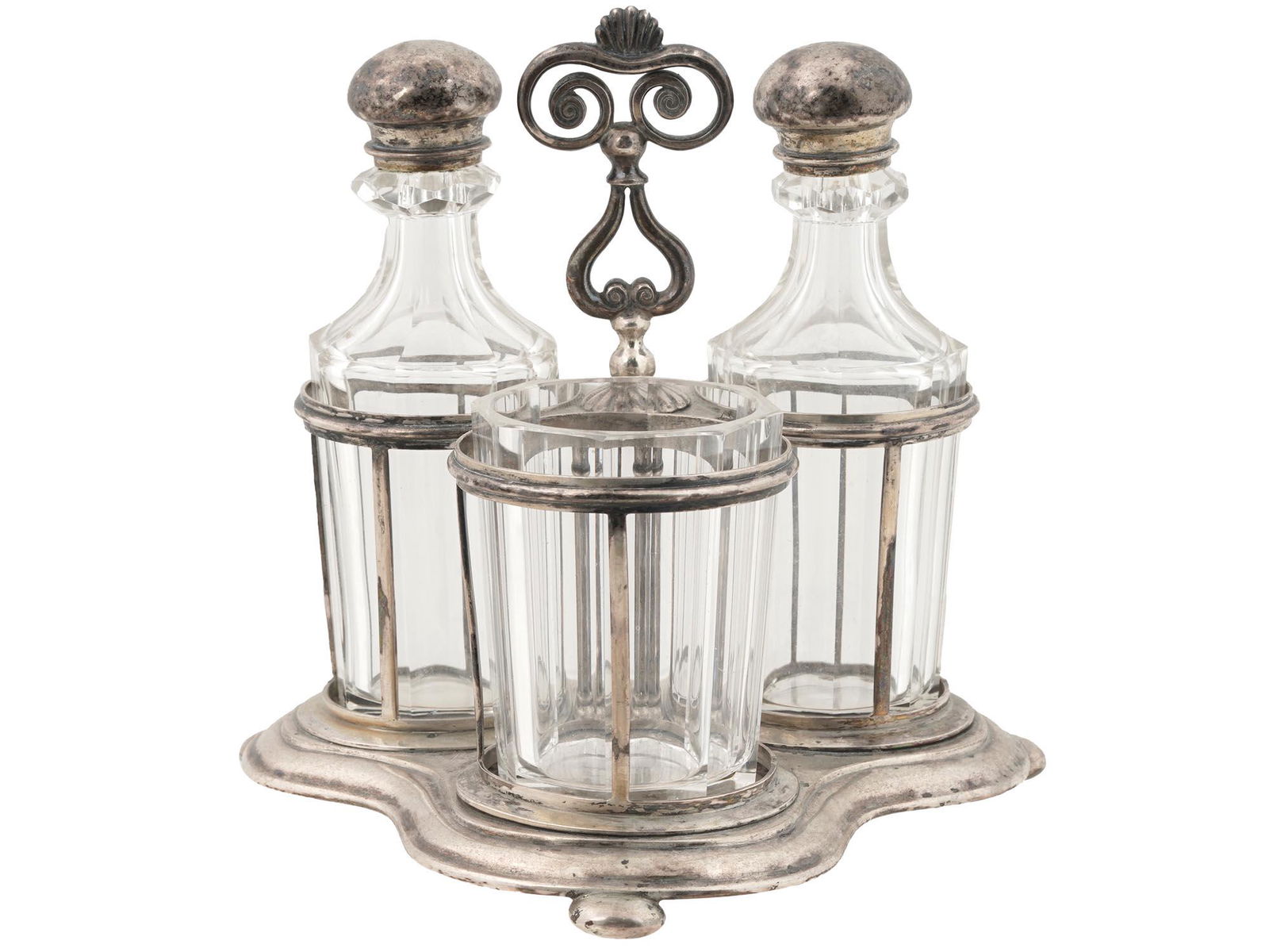 ANTIQUE EARLY 20TH C CUT GLASS CRUET SET W STAND (1 of 8)