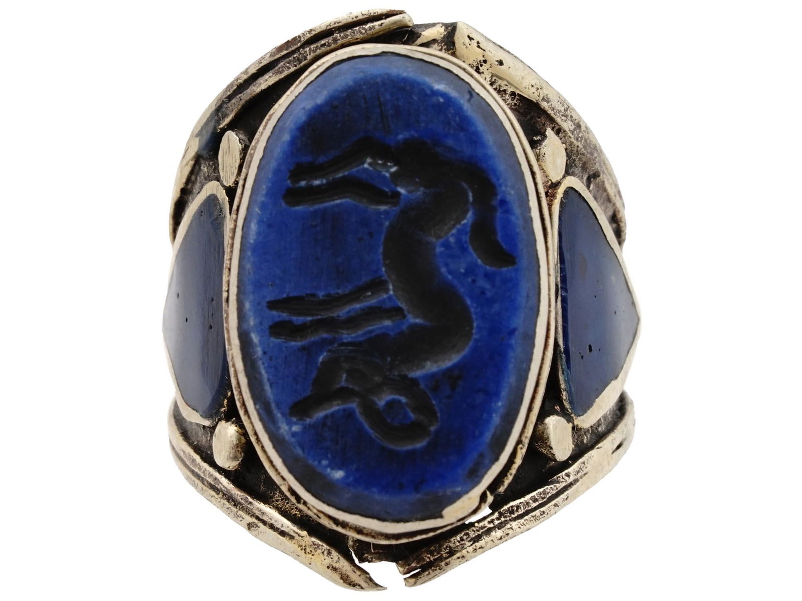 VINTAGE TURKMEN SILVER LAPIS LAZUL RING WITH RAM (1 of 4)
