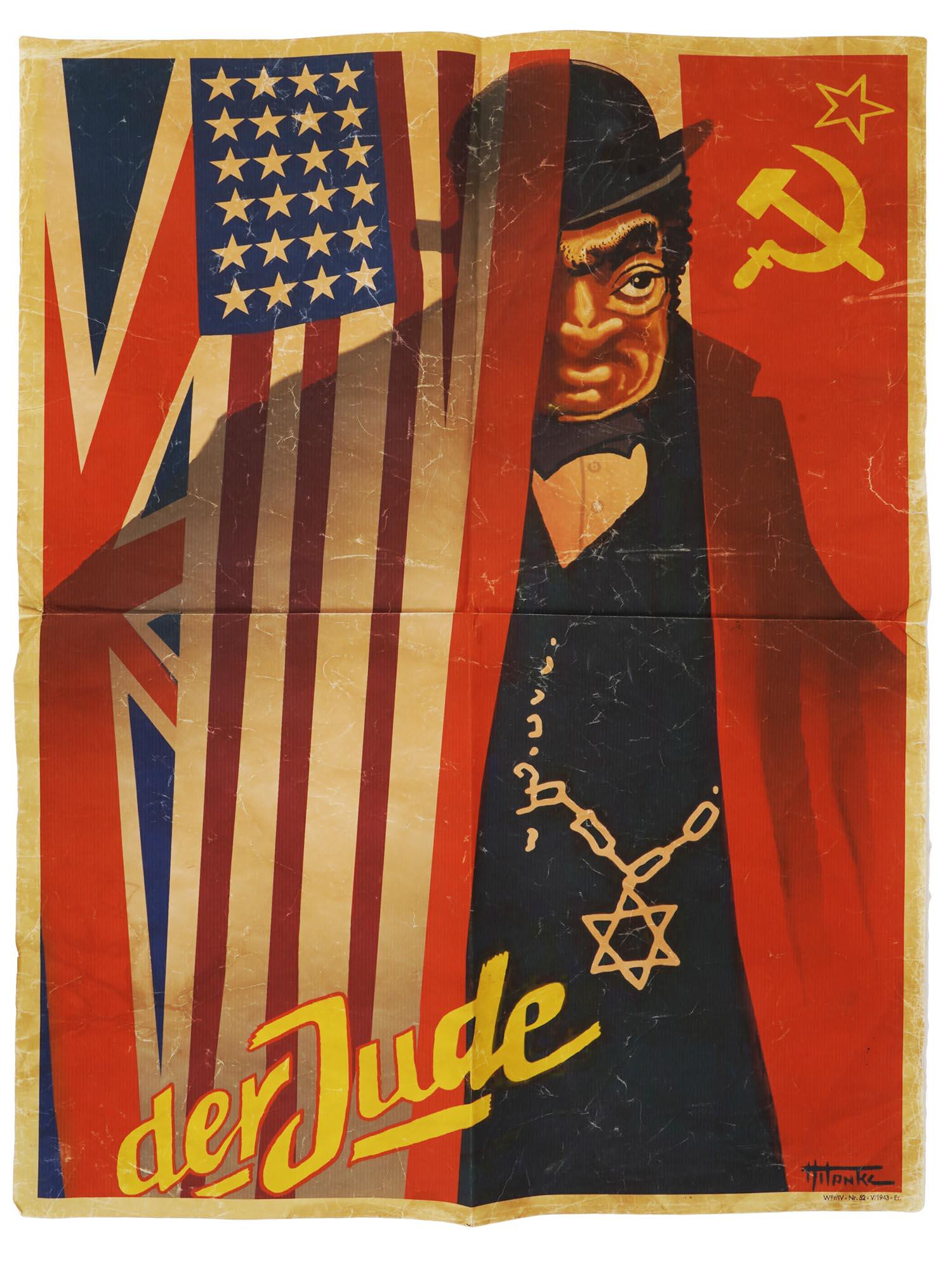 WWII NAZI GERMAN ANTISEMITIC PROPAGANDA POSTER: A 1940s Nazi German propaganda poster depicting a Jewish man behind the flags of Great Britain, USA, and USSR. Inscription Der Jude, The Jew, in the lower left. The poster was distributed in the occup