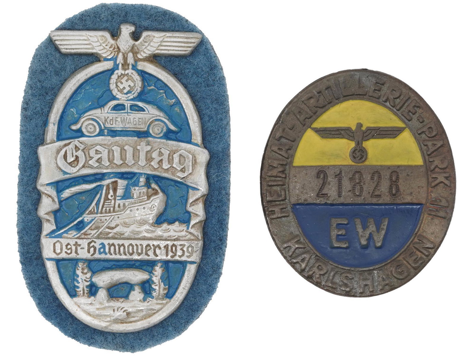 WWII NAZI GERMAN GAUTAG SHIELD ARTILLERY BADGE: A lot of WWII German Nazi Third Reich Military enamel metal awards. The first: a 1939 VW KdF Wagen Gautag Ost Hannover shield, the front shows a Reichsadler; relief images of a Volkswagen Bug and a sh