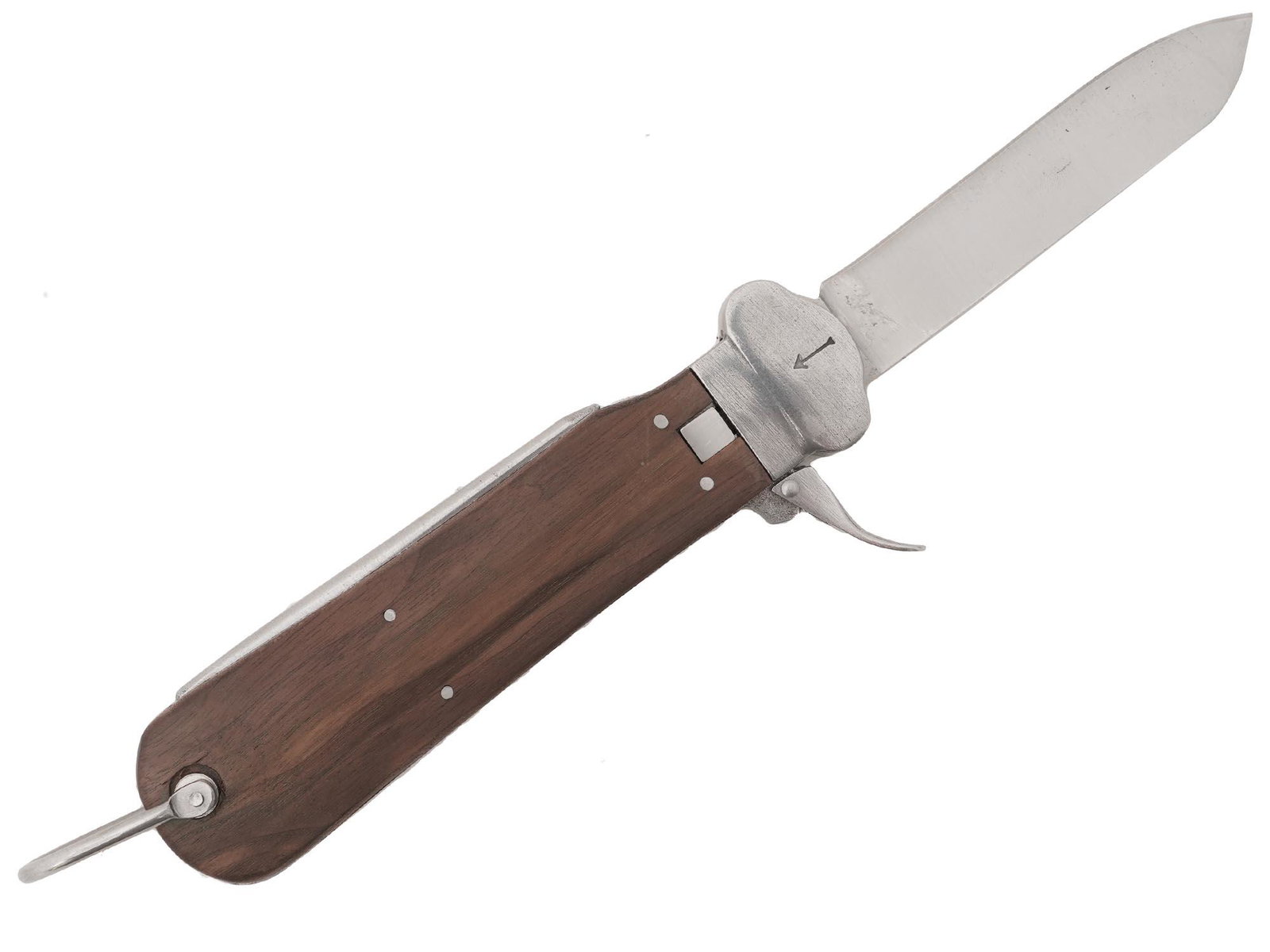 WWII GERMAN LUFTWAFFE PARATROOPER GRAVITY KNIFE: A WWII Nazi German Luftwaffe Paratrooper gravity knife. A steel blade construction with a riveted wood handle. Marked, R B NR 0 0561 0019, on the ricasso, and numbered 612. The Fallschirmjager were th