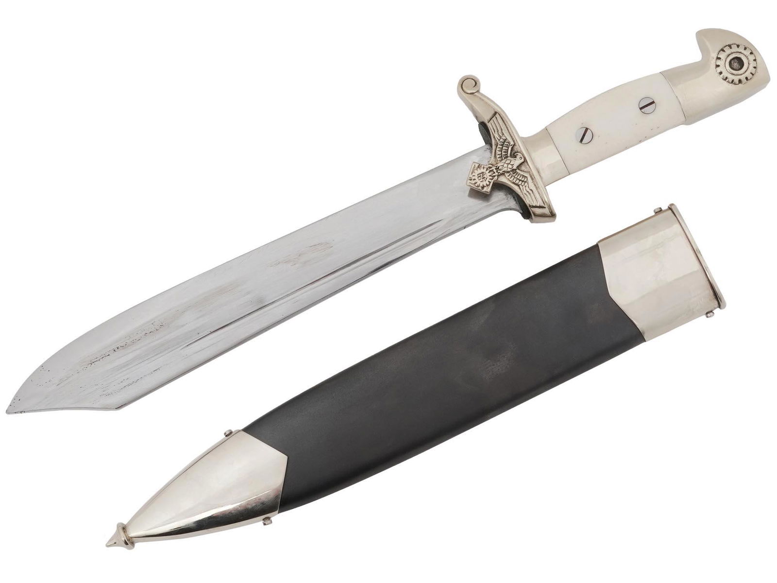 WWII NAZI GERMAN TENO ENLISTED HEWER DAGGER: A WWII Nazi German Teno Enlisted hewer dagger with a stainless steel one fuller blade marked with the Teno eagle and swastika and Carl Eickhorn trademark to the ricasso. The silver nickel cross guard