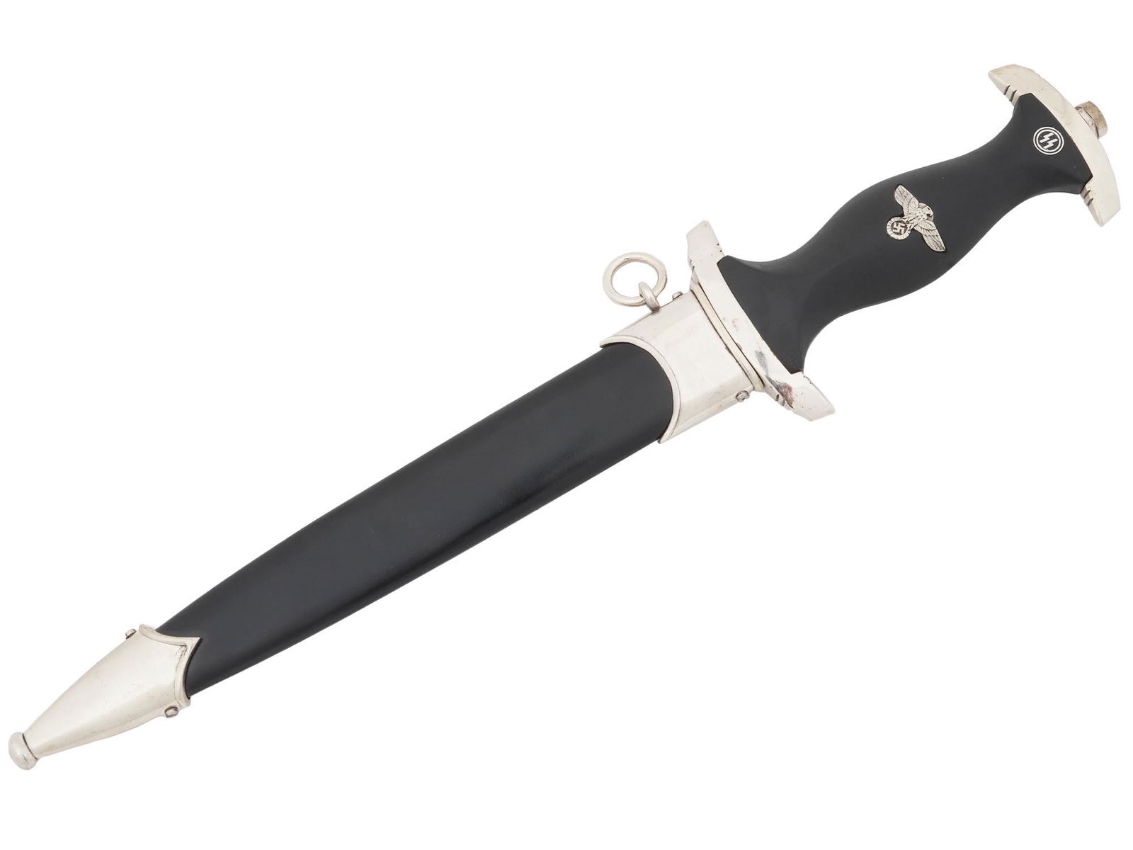 WWII NAZI GERMAN WAFFEN SS BOKER SOLINGEN DAGGER: A WWII Nazi German Waffen SS dagger featuring a silver plated nickel blade with the engraving in German which reads My Honor Is Loyalty. The ricasso holds the Boker, Solingen makers mark within the co