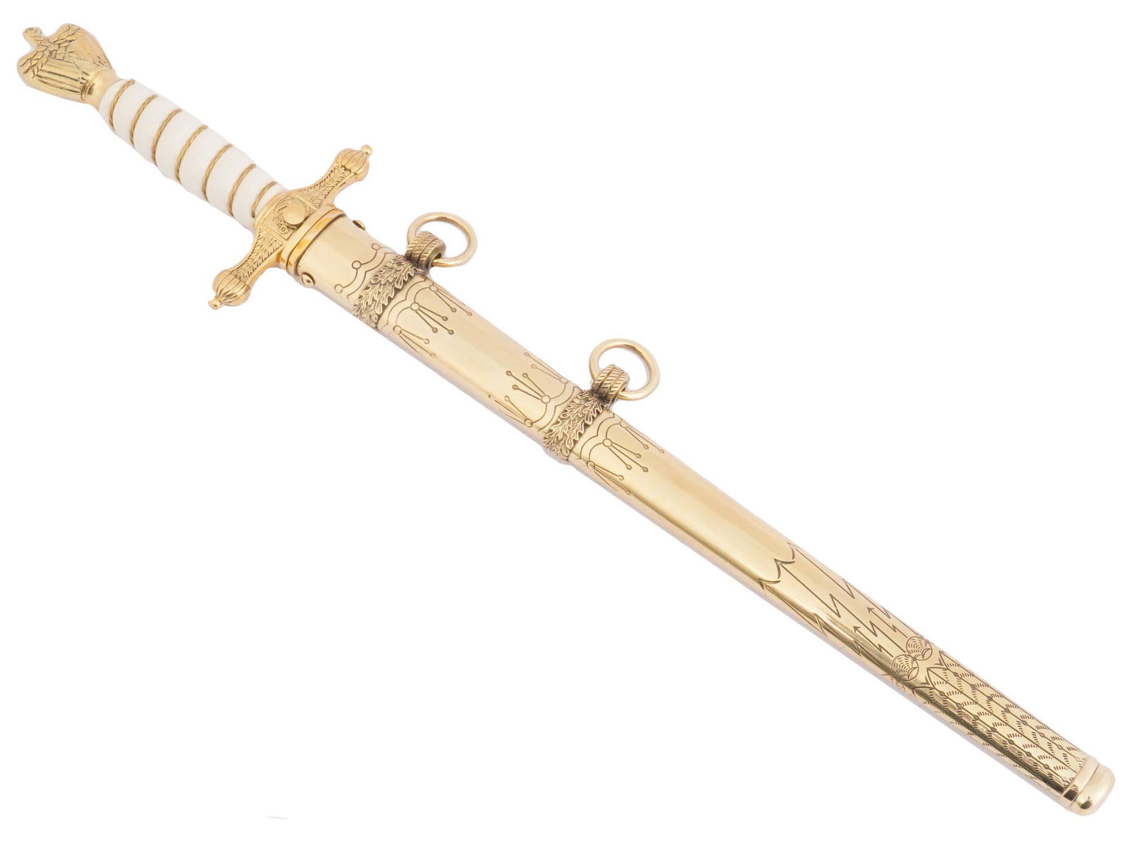 NAZI GERMAN WWII NAVAL OFFICERS DAGGER IN SCABBARD: A Nazi German WWII naval officer dagger, or Kriegsmarine Offizier Dolch. The nickel-plated steel blade is two-edged and has decorative etching with marine ornaments. Hallmark E. Bonsmann Solingen is a