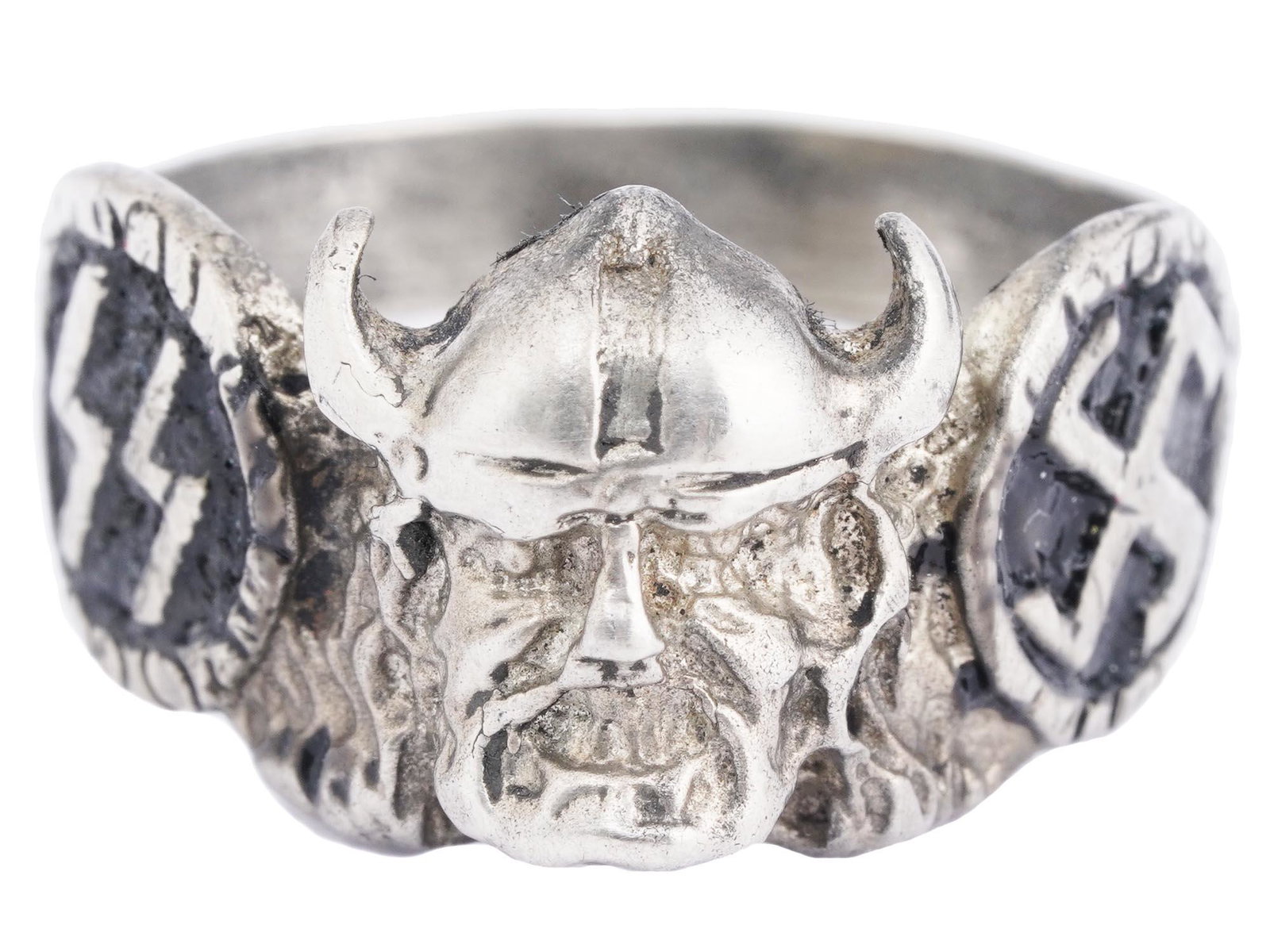 WWII GERMAN THIRD REICH SS 800 SILVER WIKING RING: A WWII German Third Reich SS Wiking silver ring. The exterior of the ring is engraved and enameled with swastika insignia patterns on the sides, and a relief image of a head of a Viking in the center.