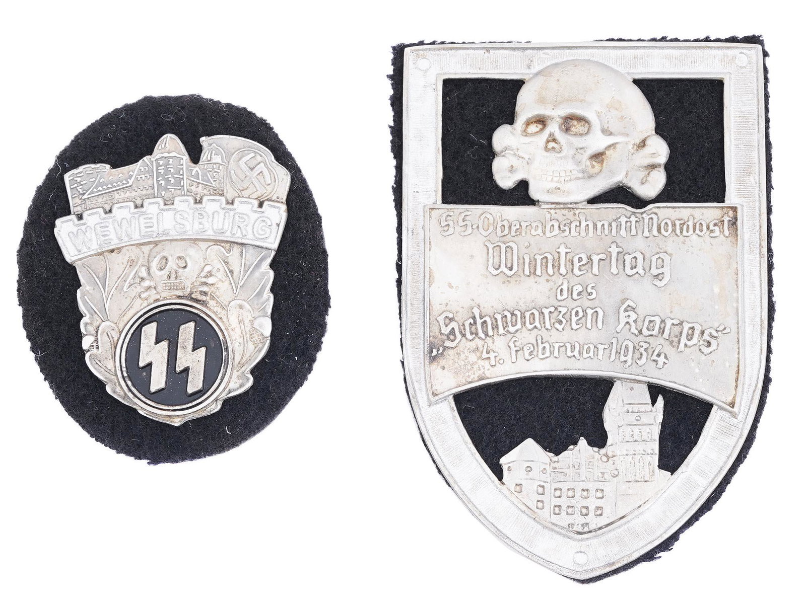 WWII NAZI GERMAN SS SLEEVE BADGE SHIELDS: Two WWII Nazi German shields including a 1934 NSKK NSDAP SS Schwarzen Korps sleeve badge shield with the inscription SS Oberabschnitt Nordost Wintertag des Schwarzen Korps 4 February 1934 under the To