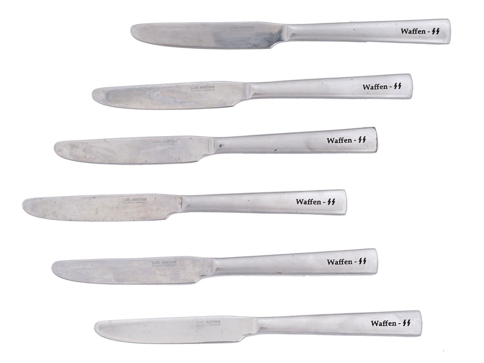 NAZI GERMAN WWII MERTENS WAFFEN SS TABLE KNIFES: A set of six Nazi German WWII era table knifes from a Waffen SS officers canteen. All pieces are decorated with Waffen SS runes to the handles and marked Carl Mertens, Solingen, Germany to the blades.
