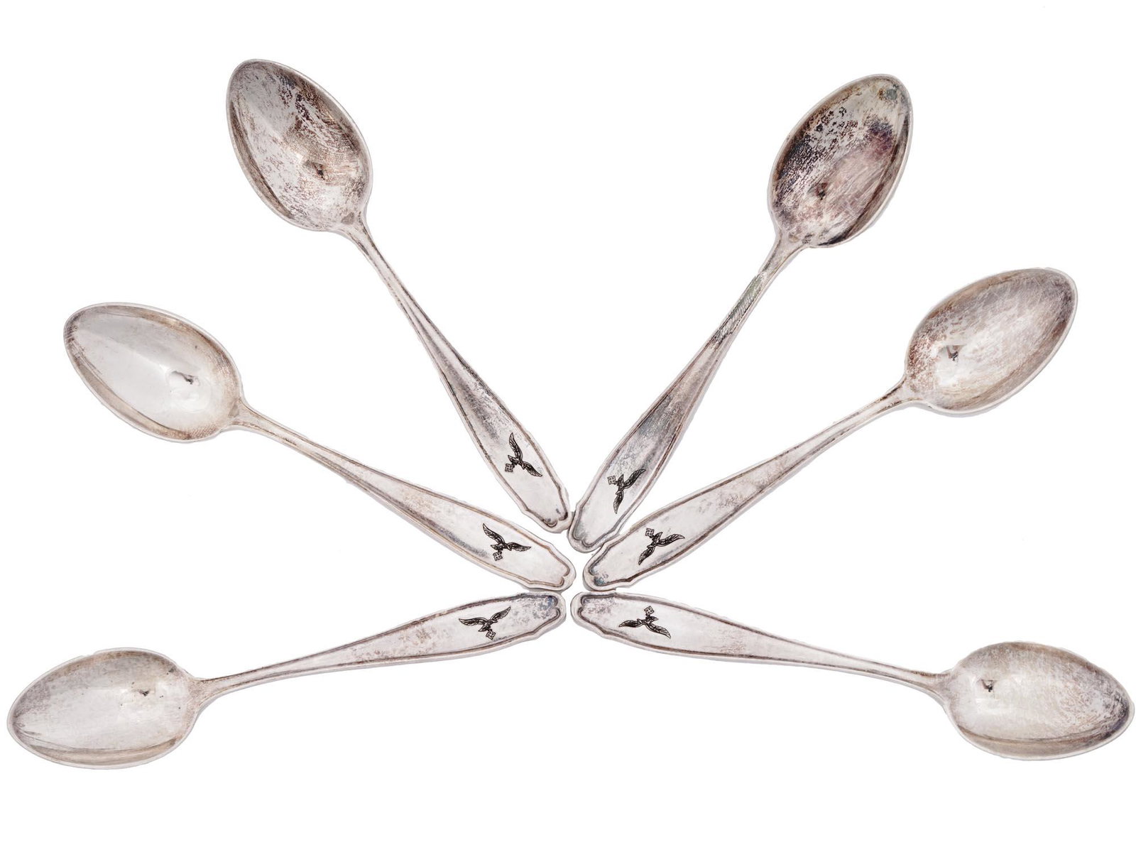 NAZI GERMAN WWII LUFTWAFFE SILVER PLATED SPOONS: A set of six Nazi German WWII era silver plated spoons from a Luftwaffe pilots canteen. The handles are decorated with Luftwaffe emblems and hallmarked with the silver proof and manufacturer marks. Na