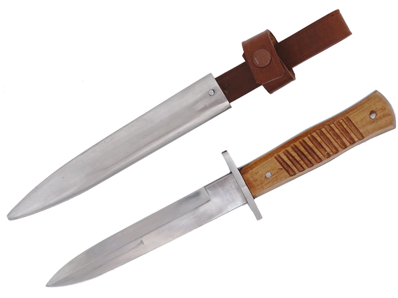 WWII GERMAN THIRD REICH TRENCH KNIFE AND SCABBARD: A fine quality German WWII period trench knife featuring steel blade, wood grip and stainless steel scabbard with affixed leather belt loop and retaining strap. European Weapons And Armor, Second Worl