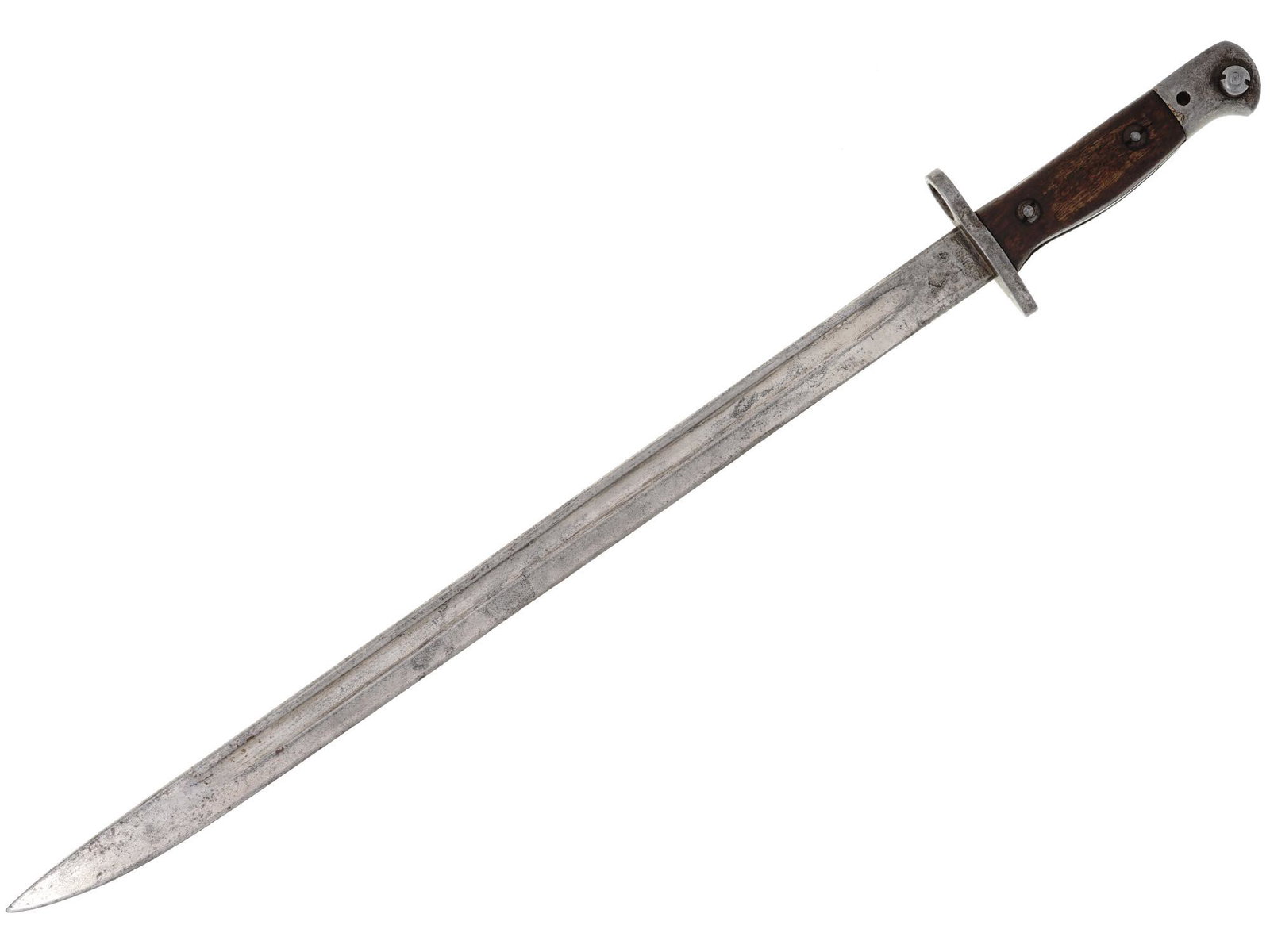 WWII BRITISH WILKINSON PATTERN 1907 BAYONET: A World War II British bayonet, model Pattern 1907. Stainless-steel blade, wooden handle. Crowned hallmark 1907 Wilkinson is on the blade by the crossguard. Sword bayonet, pattern 1907 was designed to