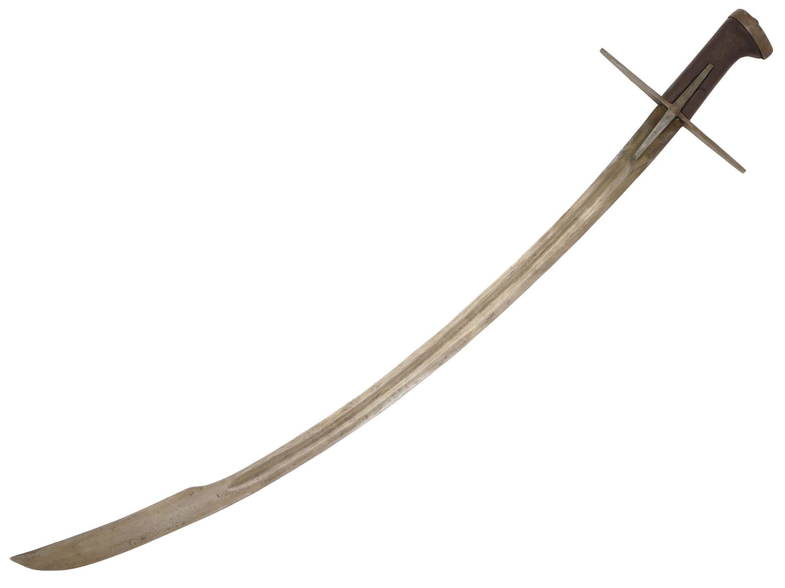 A LARGE POLISH OFFICERS CURVED KARABELA SWORD: A Polish Cavalry officer's karabela sword with a large steel cross guard. The blade is curved with a pronounced yalman at the end. The handle features a wire-wrapped leather handle with an impressed m
