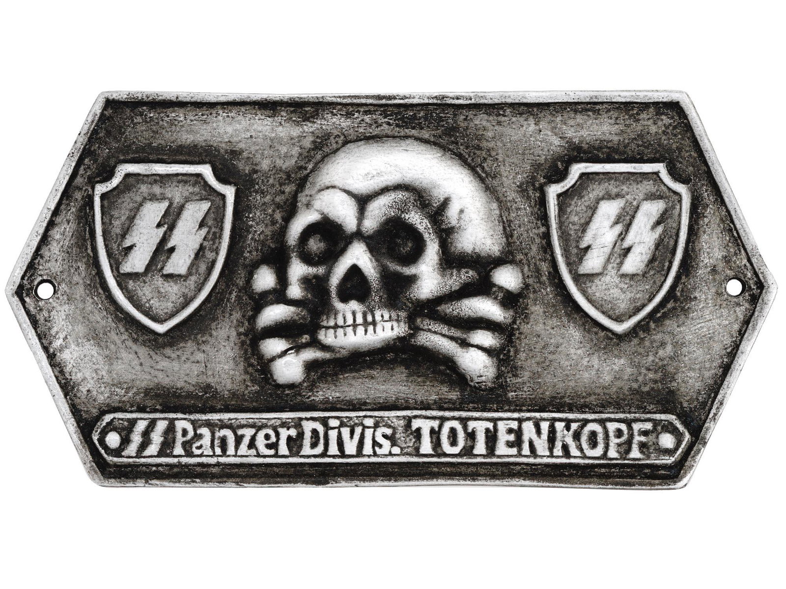 WWII GERMAN NAZI PANZER DIVISION TOTENKOPF SIGN: A German Nazi Waffen SS Panzer Division Totenkopf sign. The sign is adorned with an engraved image of a skull swastika insignia to the center and SS symbols on the sides. Inscribed, SS Panzer Divis. T