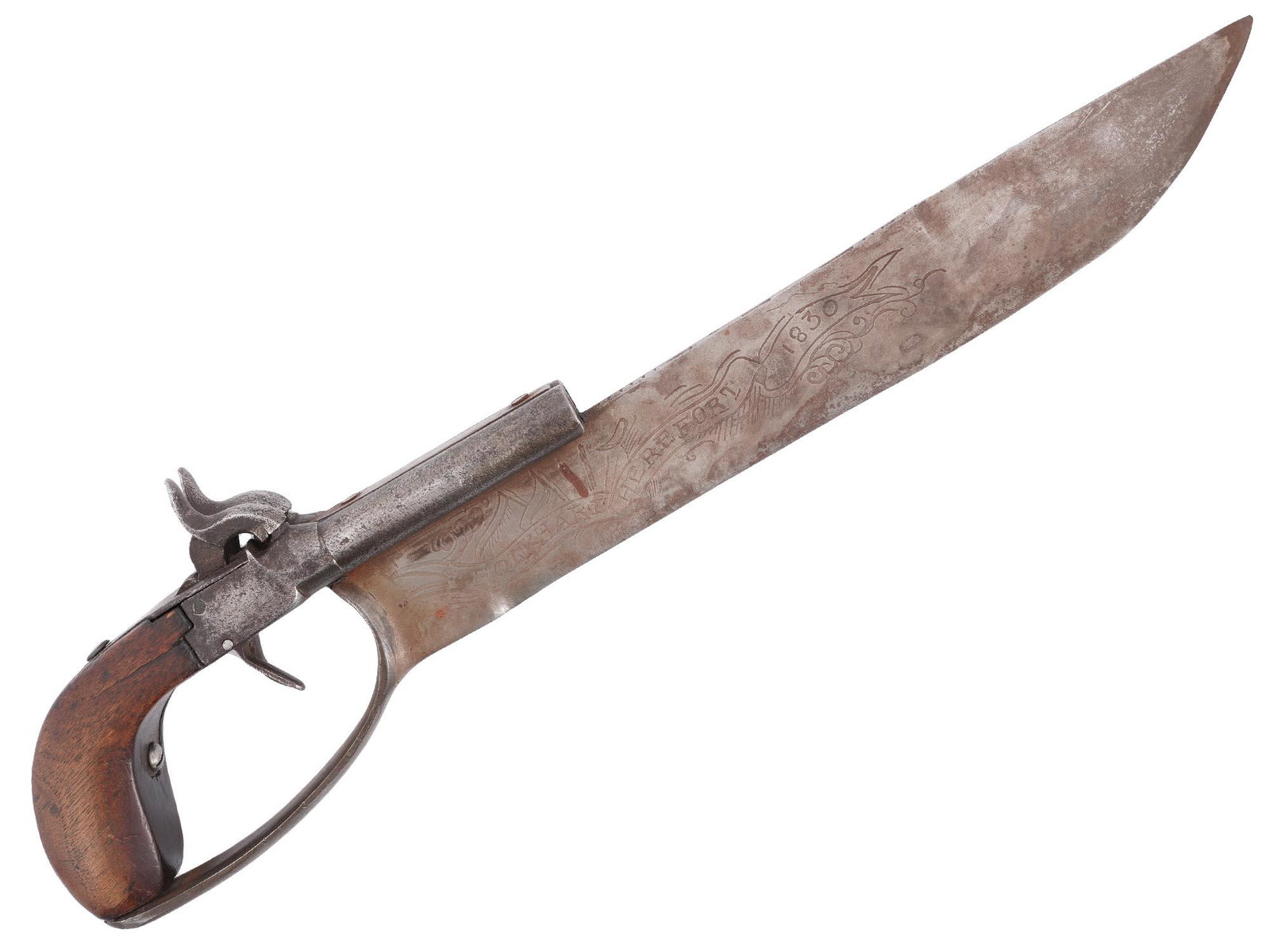 ANTIQUE 19TH C US NAVY ELGIN CUTLASS PISTOL: An antique early 19th-century American Elgin Cutlass Pistol. The blade has etched inscriptions Folkhart Herefort Manufacture 1830. Elgin Cutlass Pistol is a pistol sword or gunblade developed in 1838 