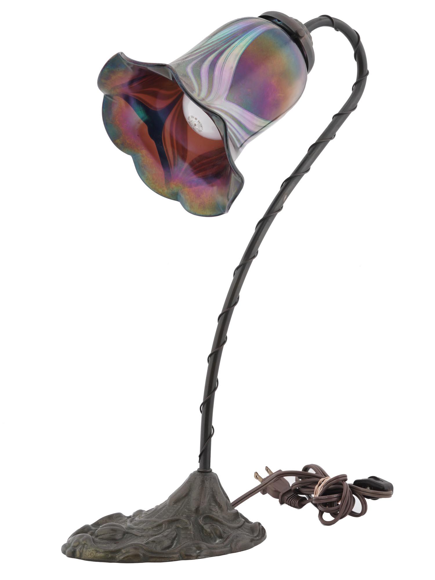 ART NOUVEAU IRIDISCENT GLASS AND STEEL DESK LAMP (1 of 7)