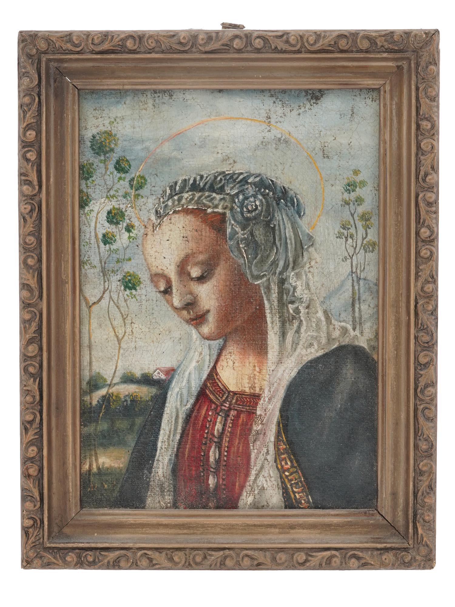 OIL PAINTING OF MADONNA AFTER ANDREA VEROCCHIO: A mid-20th century oil on board painting. After an original ca. 1470 artwork titled Madonna with Child by Andrea del Verrocchio, 1435 to 1488, an Italian Renaissance artist. The original piece is now 