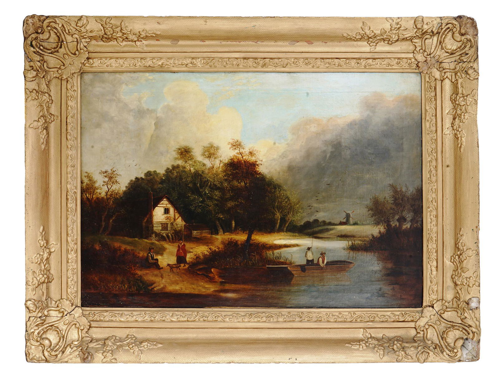 ANTIQUE 19TH C VILLAGE LANDSCAPE OIL PAINTING (1 of 5)