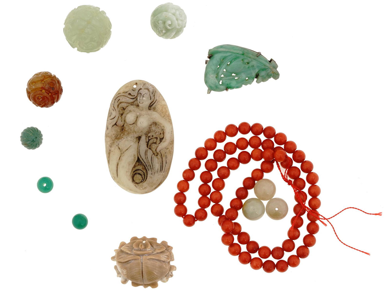 ORIENTAL JADE CARVINGS AND CORAL BEADED NECKLACE (1 of 4)