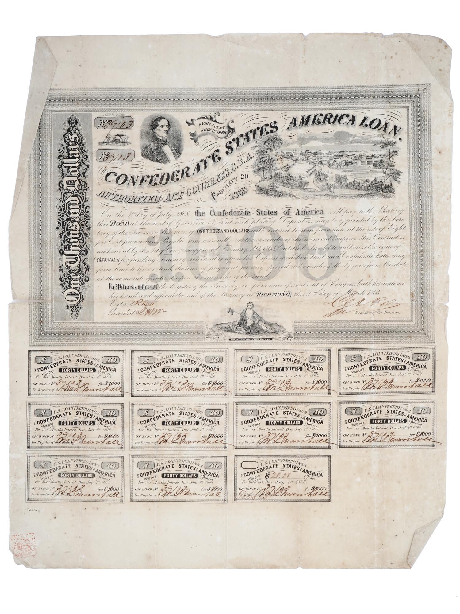CIVIL WAR ERA CONFEDERATE STATES LOAN BOND SHEET (1 of 6)