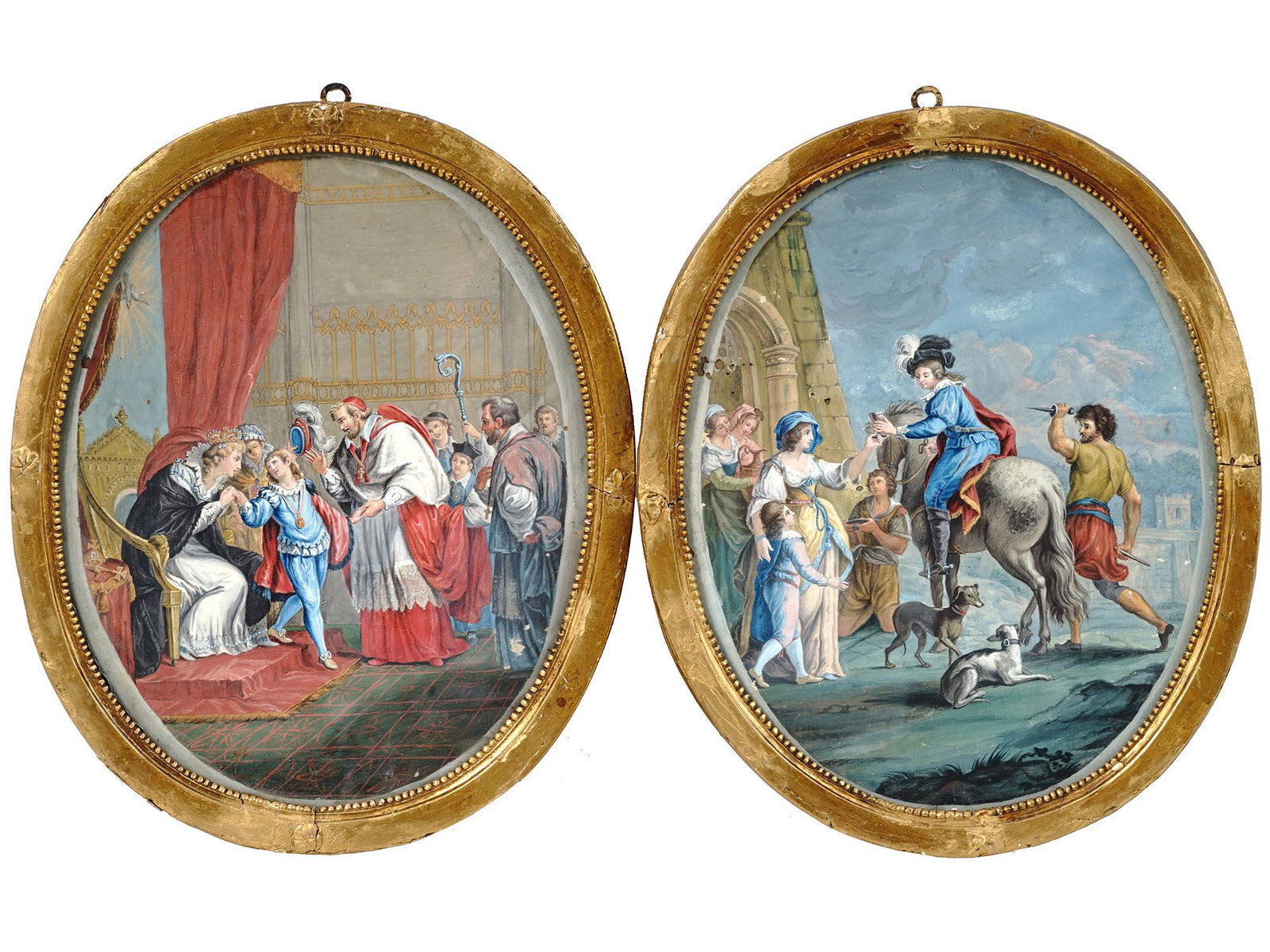 ANTIQUE 18TH C ROCOCO WATERCOLOR PAINTINGS FRAMED: A pair of antique 18th-century French watercolor paintings on paper. Rococo Troubadour style, historical paintings depicting scenes from the life of French royalty. First. Cardinal Mazarin and Queen A