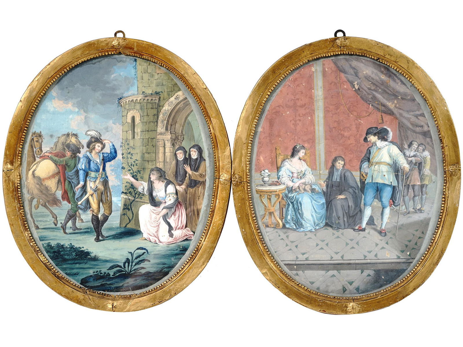 ANTIQUE 18TH C ROCOCO WATERCOLOR PAINTINGS FRAMED (1 of 8)