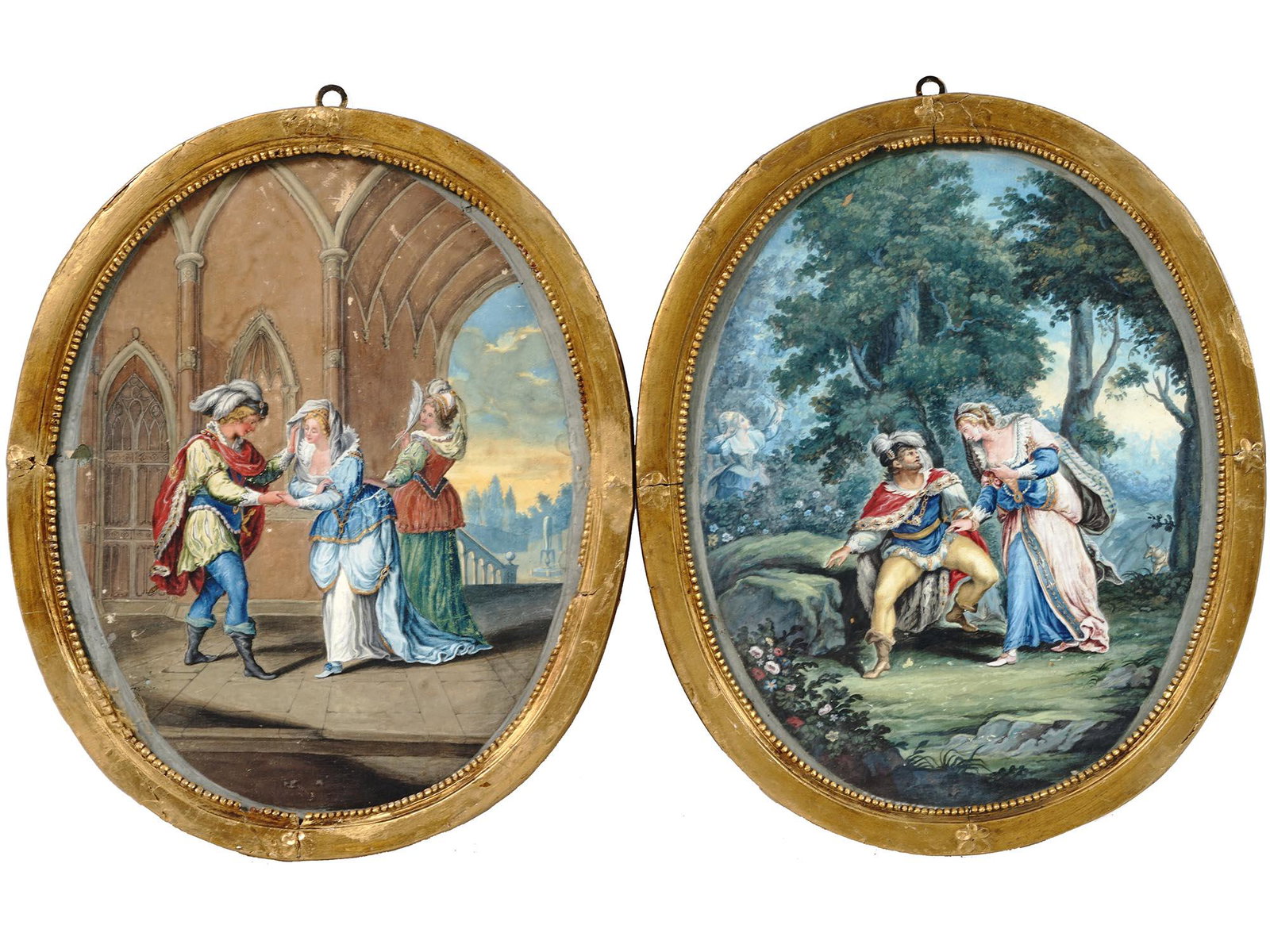ANTIQUE 18TH C ROCOCO WATERCOLOR PAINTINGS FRAMED: A pair of antique 18th-century French watercolor paintings on paper. Rococo Troubadour style, historical paintings depicting scenes from French history and literature. First. A meeting of lovers in go