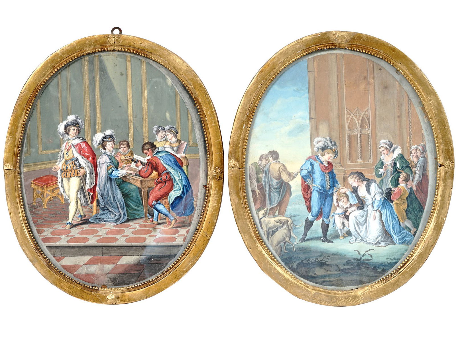 ANTIQUE 18TH C ROCOCO WATERCOLOR PAINTINGS FRAMED: A pair of antique 18th-century French watercolor paintings on paper. Rococo Troubadour style, historical paintings depicting scenes from French literature and history. First. A galant scene in the mus