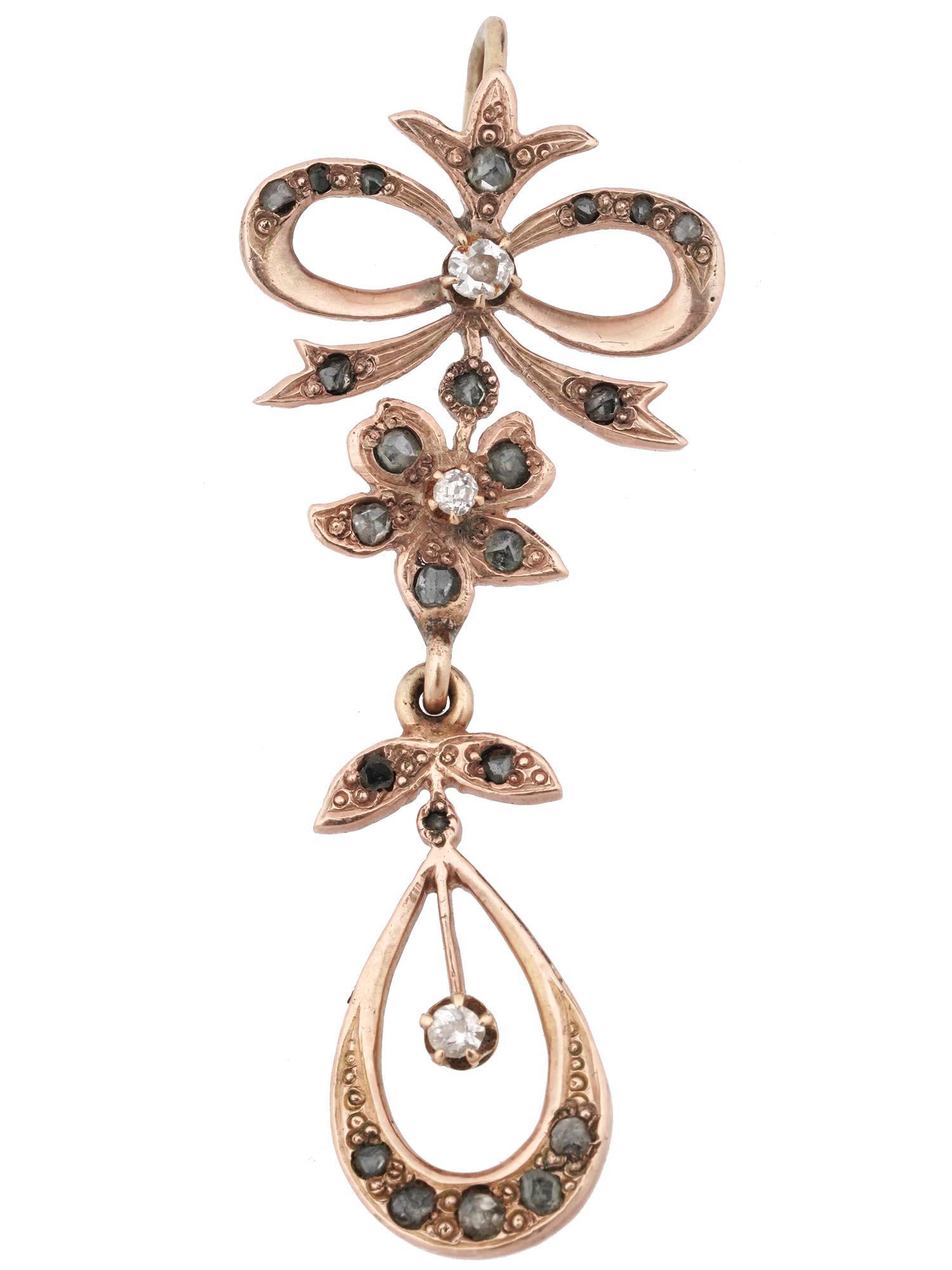 14K GOLD MARCASITE STONES DIAMOND JEWELRY PENDANT: A 14K Pink Gold jewelry pendant. The pendant is made floral and bow designs, encrusted with Diamonds and Marcasite stones. Total weight: 4 g. Vintage and Modern Ladies Jewelry Wares and Accessories Fo