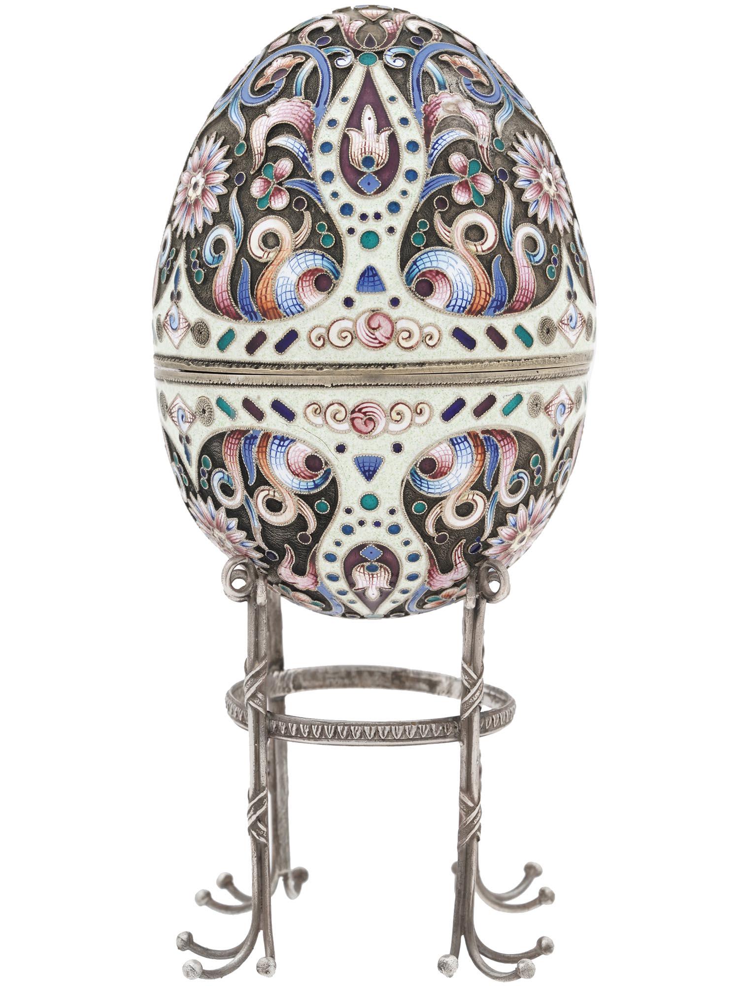 RUSSIAN 88 SILVER CLOISONNE ENAMEL EGG CASE STAND (1 of 7)