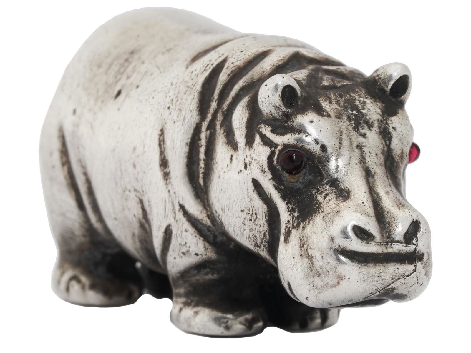 RUSSIAN SILVER FIGURE OF A HIPPO WITH RUBY EYES (1 of 5)